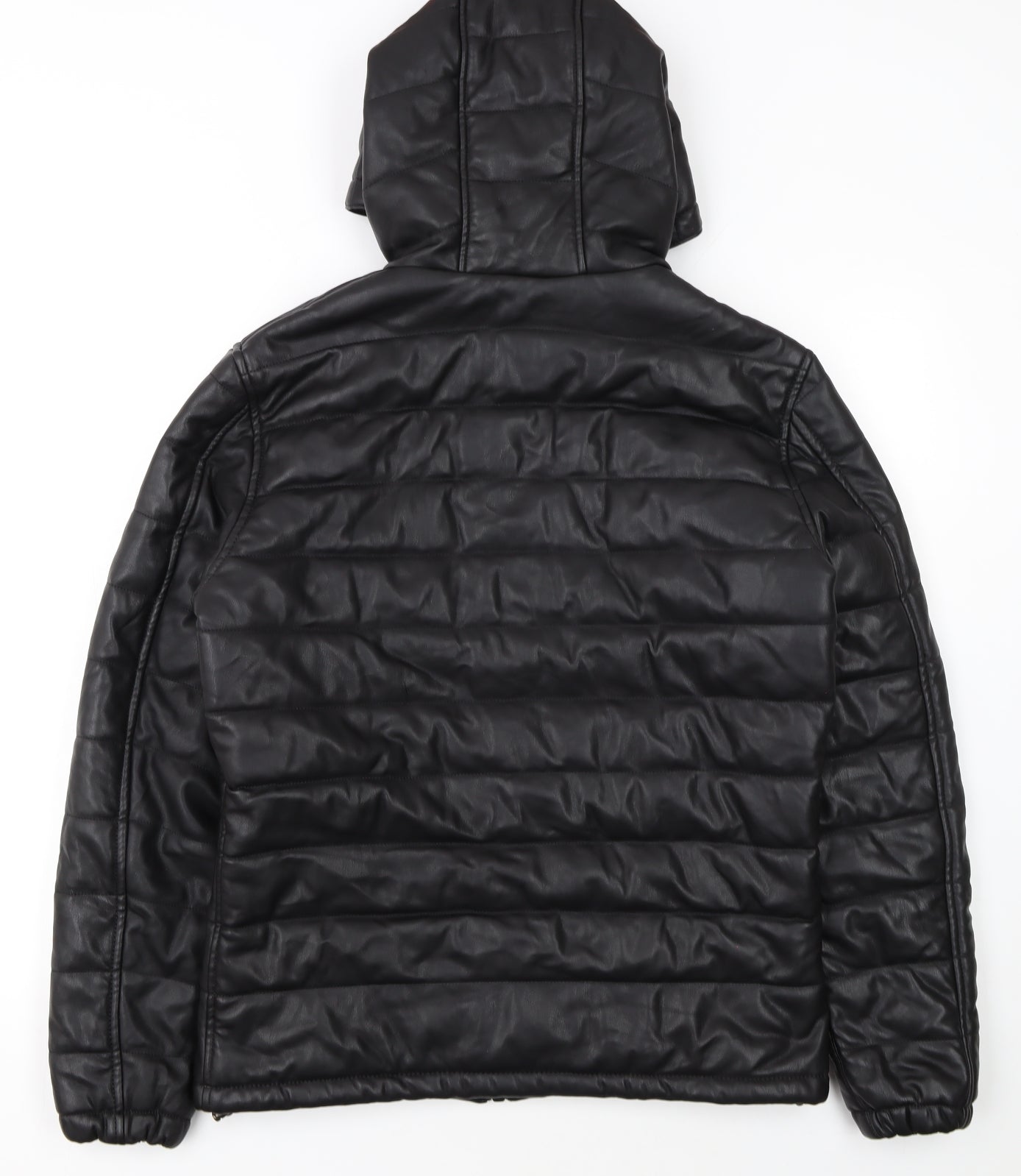 Zara Man Black Faux Leather Hooded Puffer Jacket Men L 42in