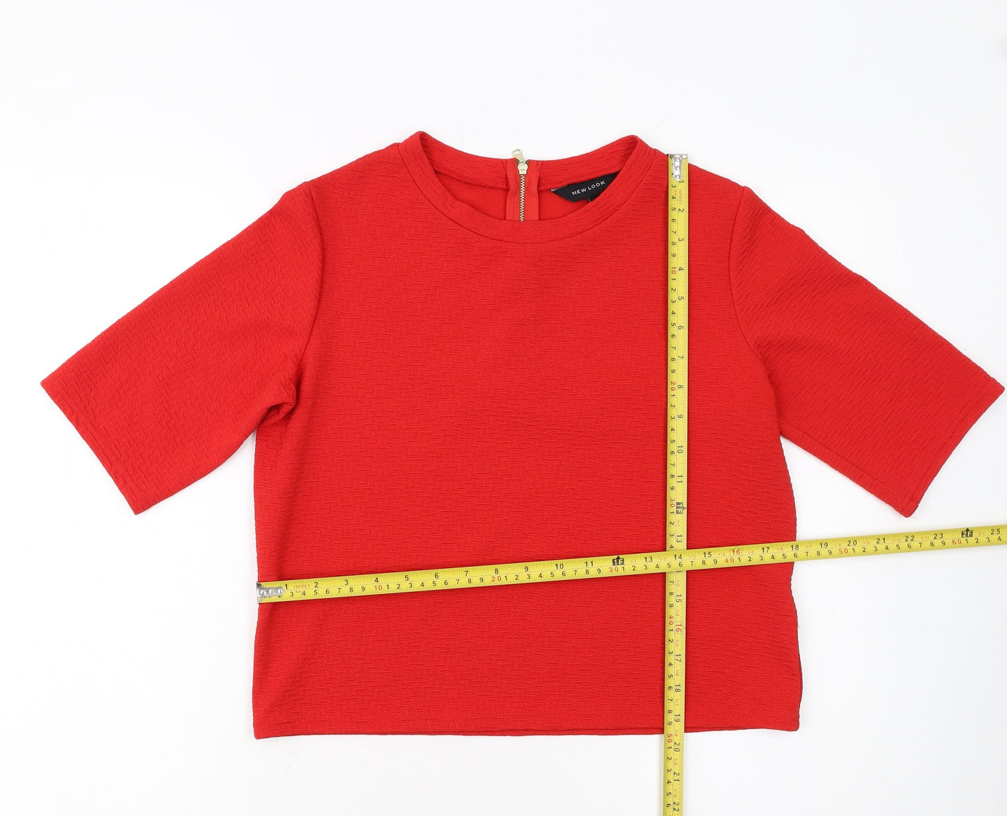 New Look Women Red Short Sleeve Cropped Zip Back Stretch Top Size 10