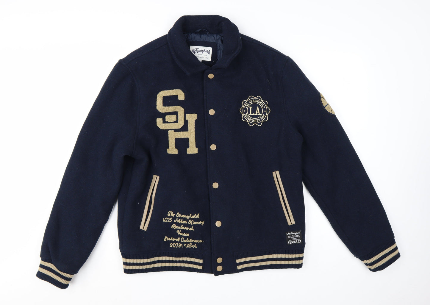 The Stronghold Men's Blue Varsity Jacket L Embroidered LA Wool Look