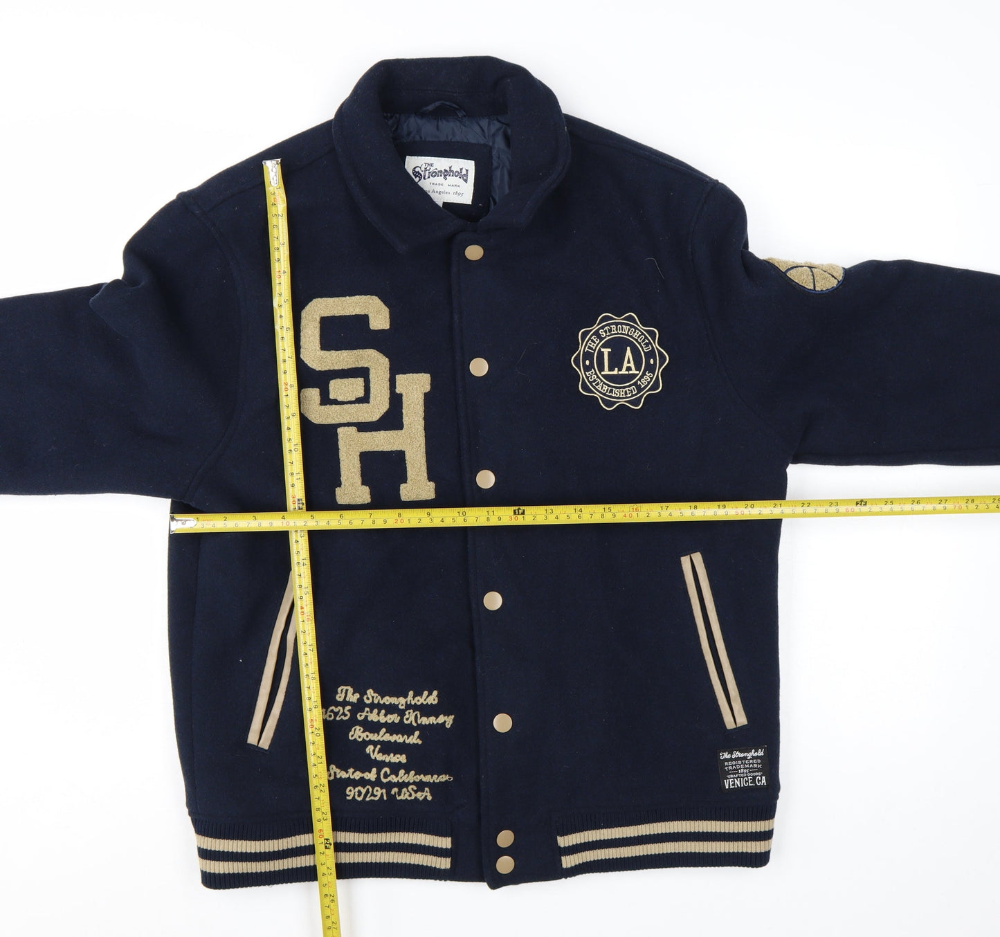 The Stronghold Men's Blue Varsity Jacket L Embroidered LA Wool Look