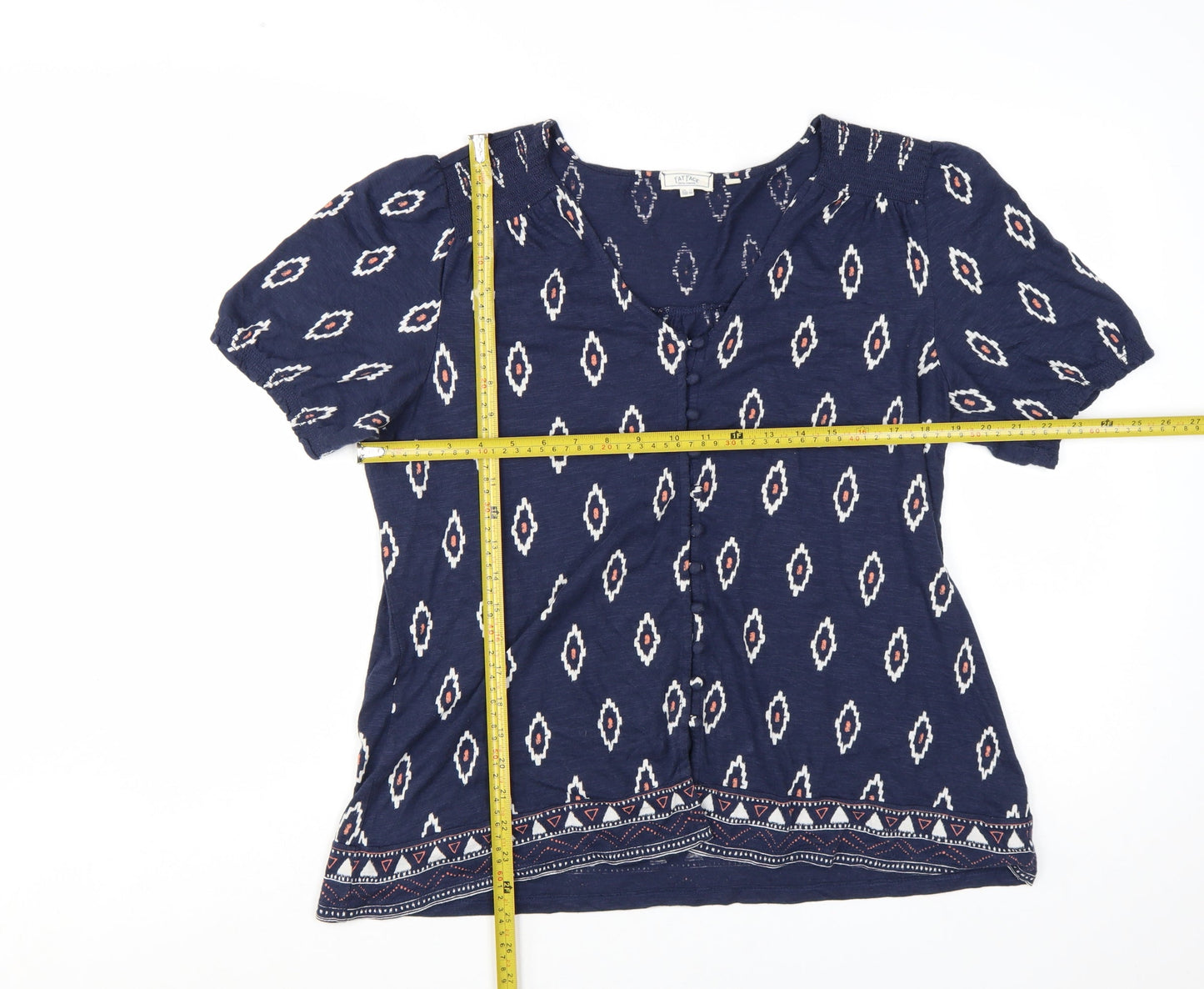 FatFace Women's Blue Geometric Bohemian Cotton Modal Tunic Blouse Size 14