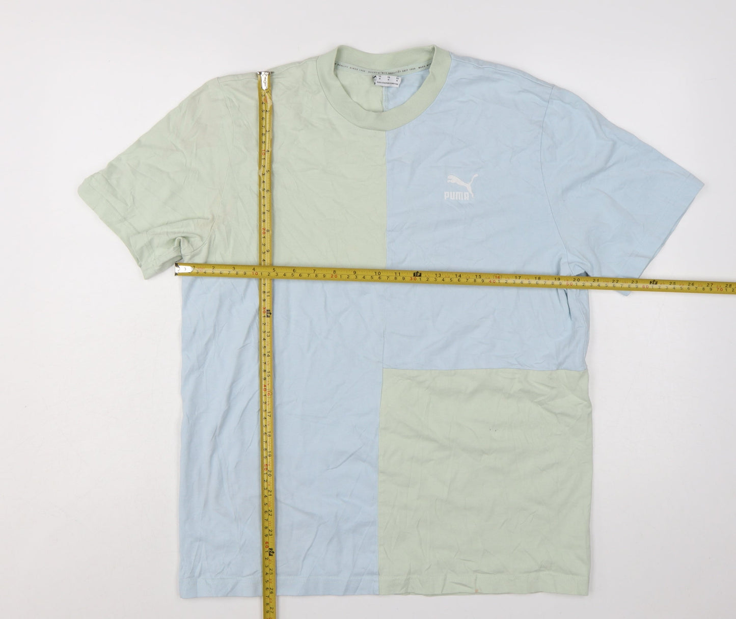 Puma Men's Blue Green Colourblock Crew Neck Cotton T-Shirt Size M
