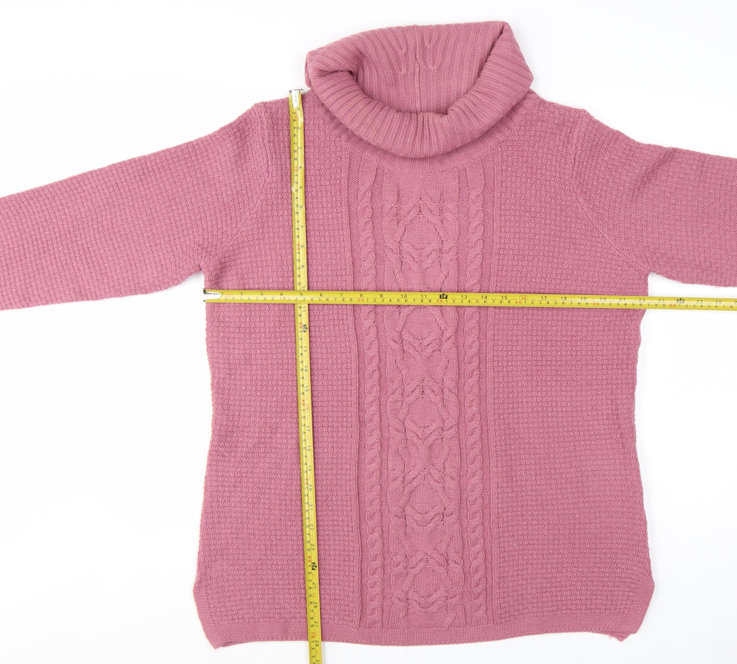 Isle Essentials Women’s Pink Cable-Knit Roll Neck Jumper Size L 18-20