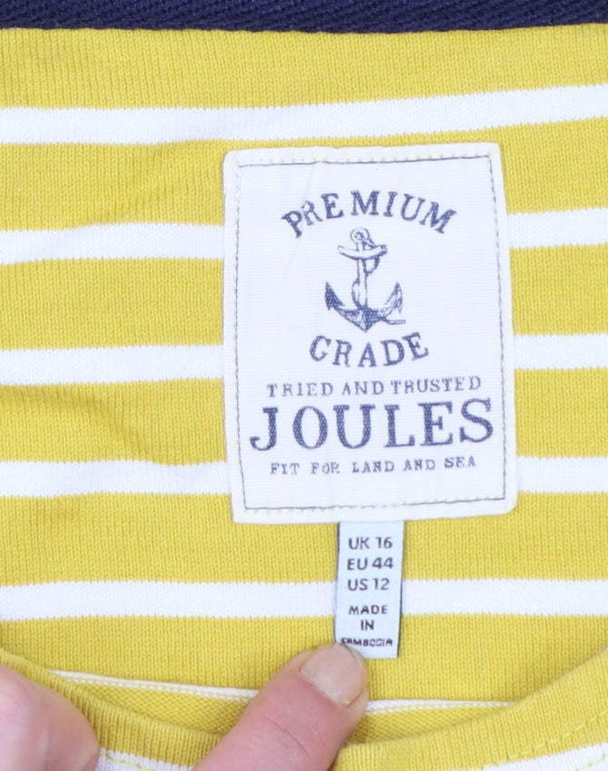 Joules Womens Yellow Striped Cotton 3/4 Sleeve Boat Neck Top Size 16