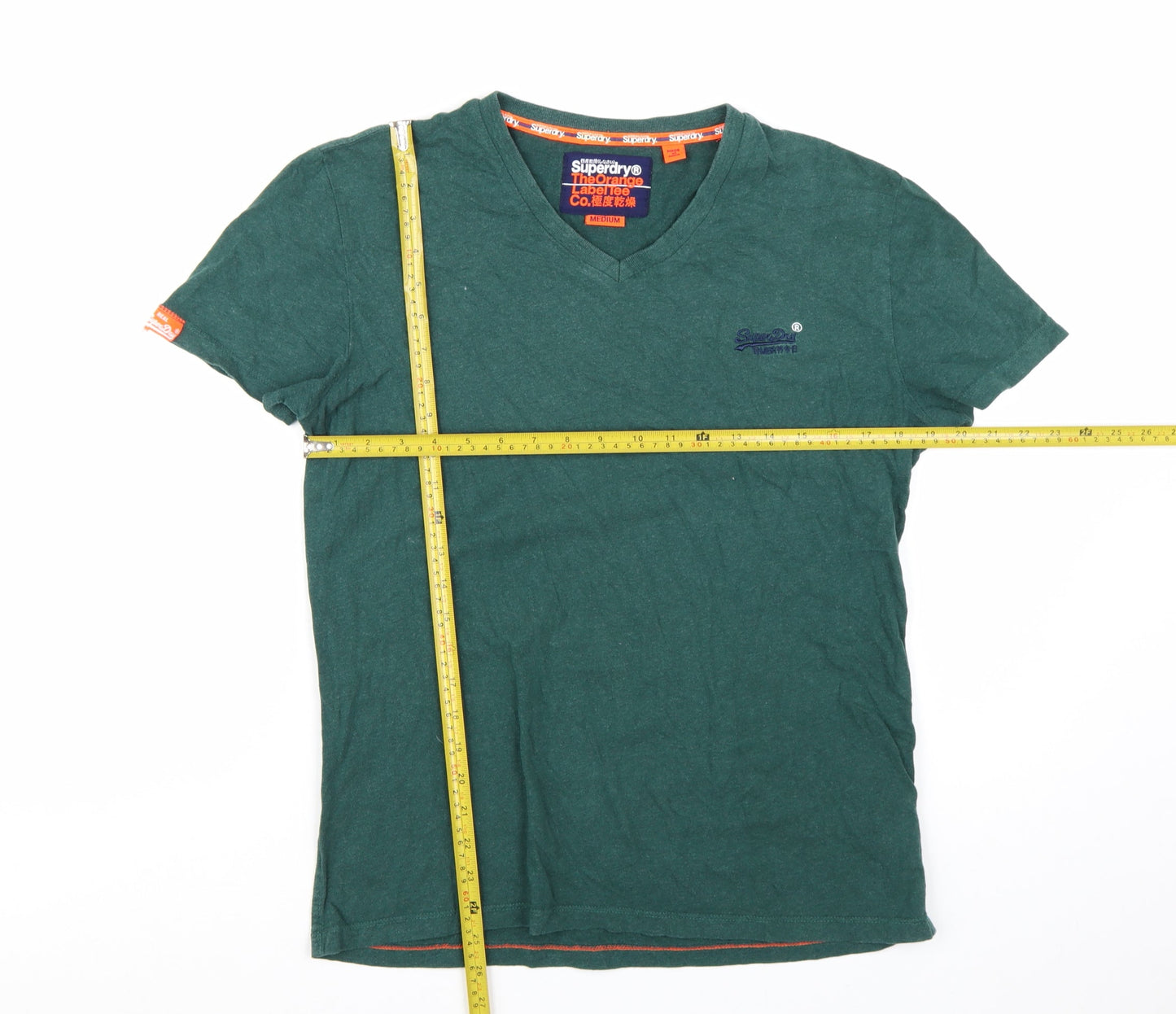 Superdry Men Green V-Neck Short Sleeve Slim Fit Cotton T-Shirt M
