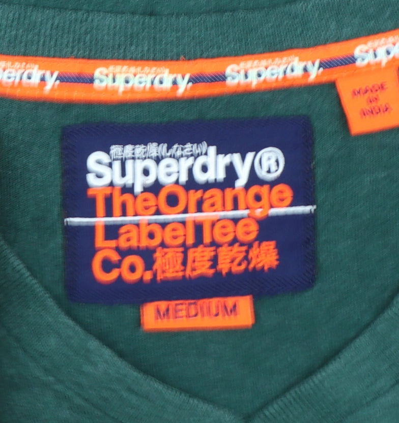 Superdry Men Green V-Neck Short Sleeve Slim Fit Cotton T-Shirt M
