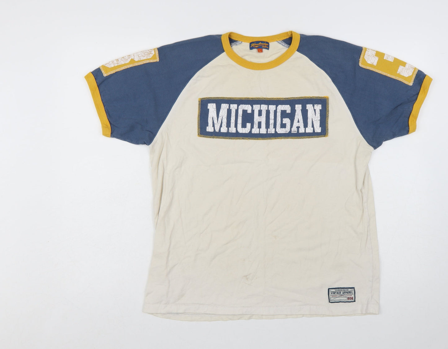 Hawkridge Men’s Beige Blue Yellow Michigan Vintage T-Shirt L