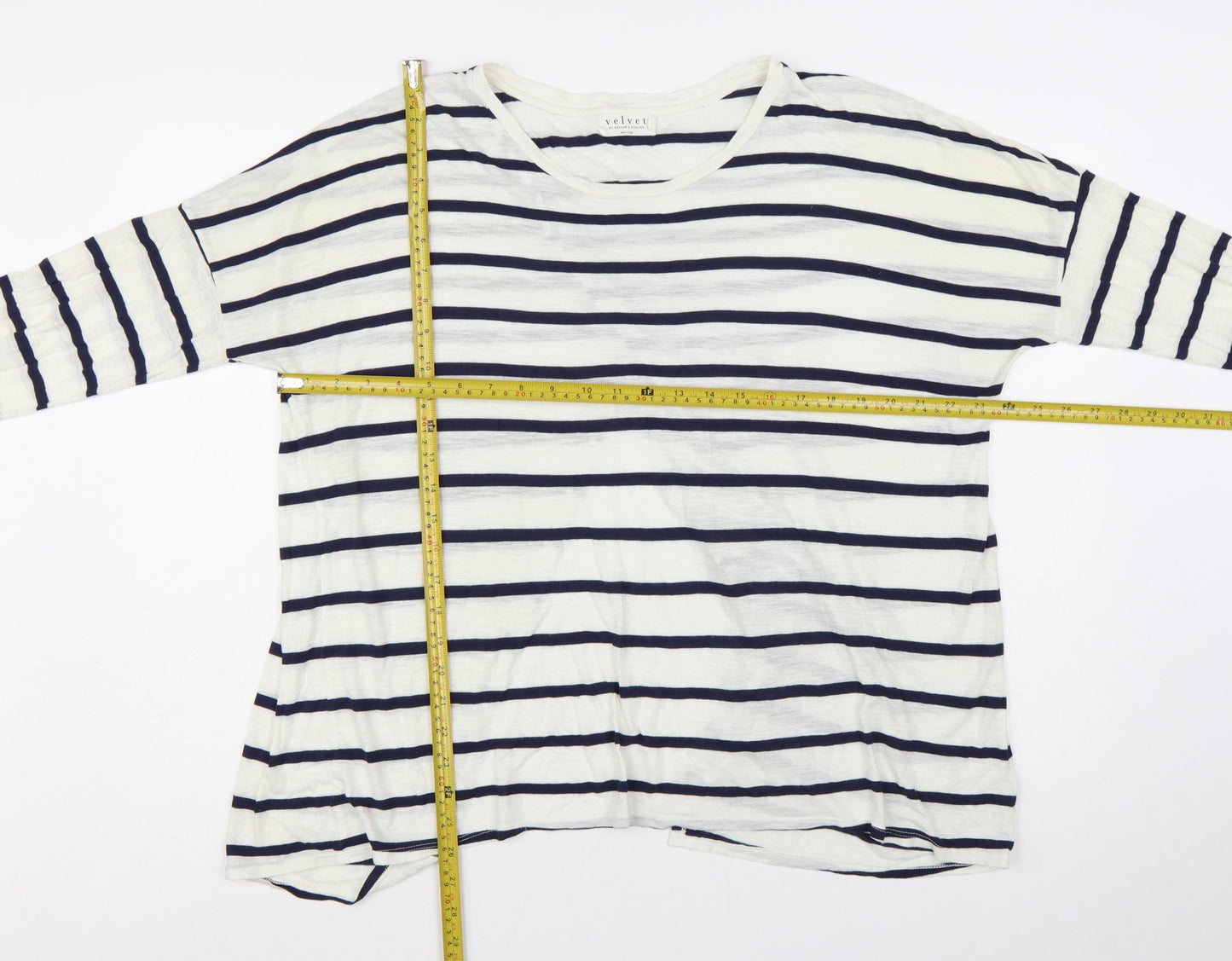 Velvet by Graham & Spencer Women's White Striped Long Sleeve Cotton T-Shirt - L
