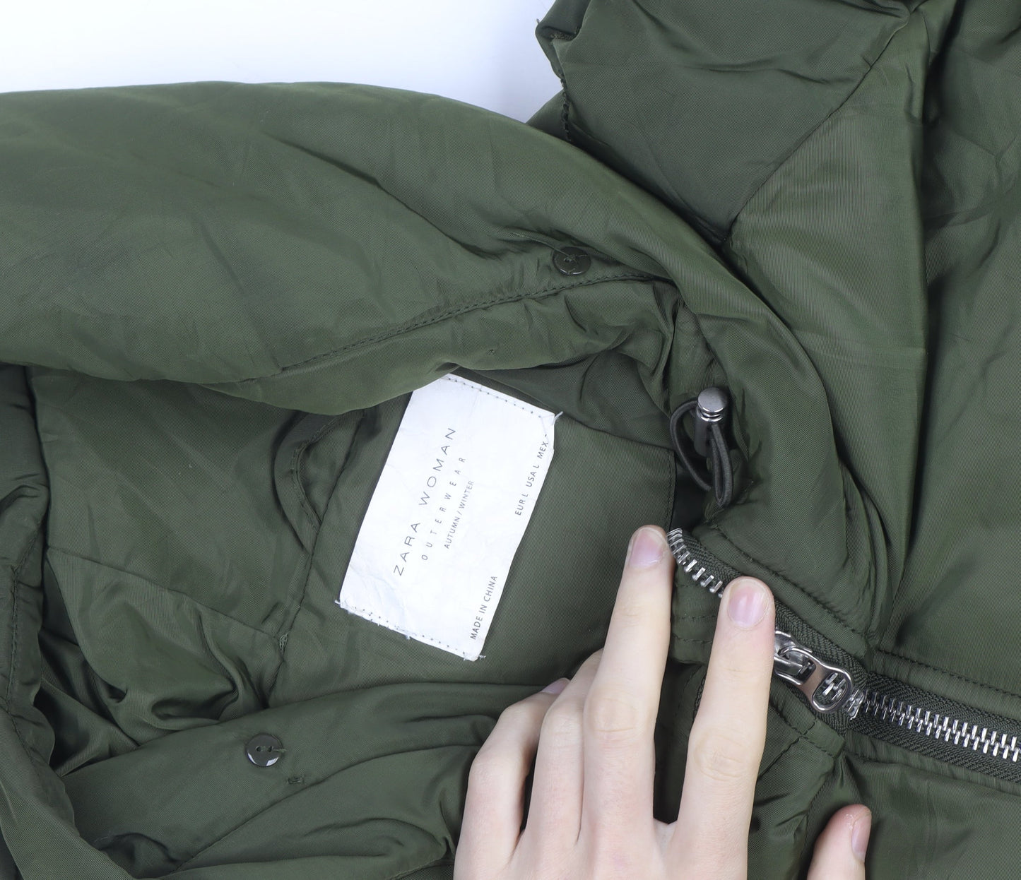 Zara Women Green Long Puffer Jacket Coat L Hooded Zip Winter Warm