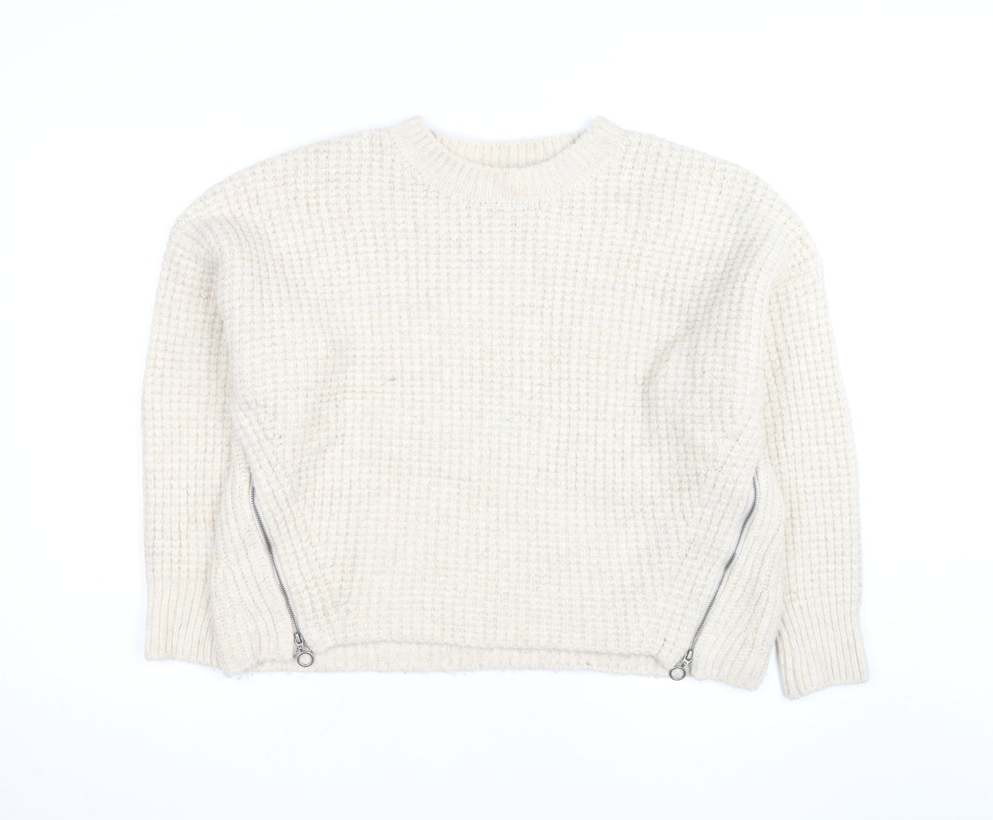 Topshop Women Ivory Waffle-Knit Zip Pullover Jumper Size L