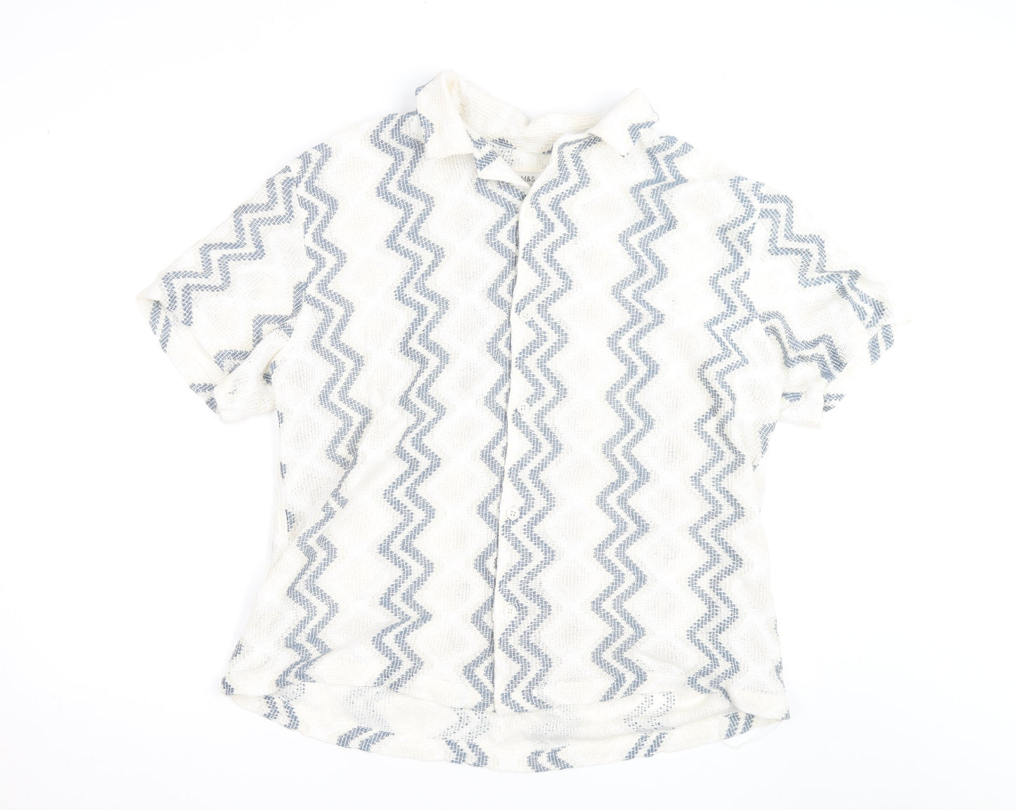 Marks and Spencer Men's White Geometric Cotton Blend Short Sleeve Shirt 2XL