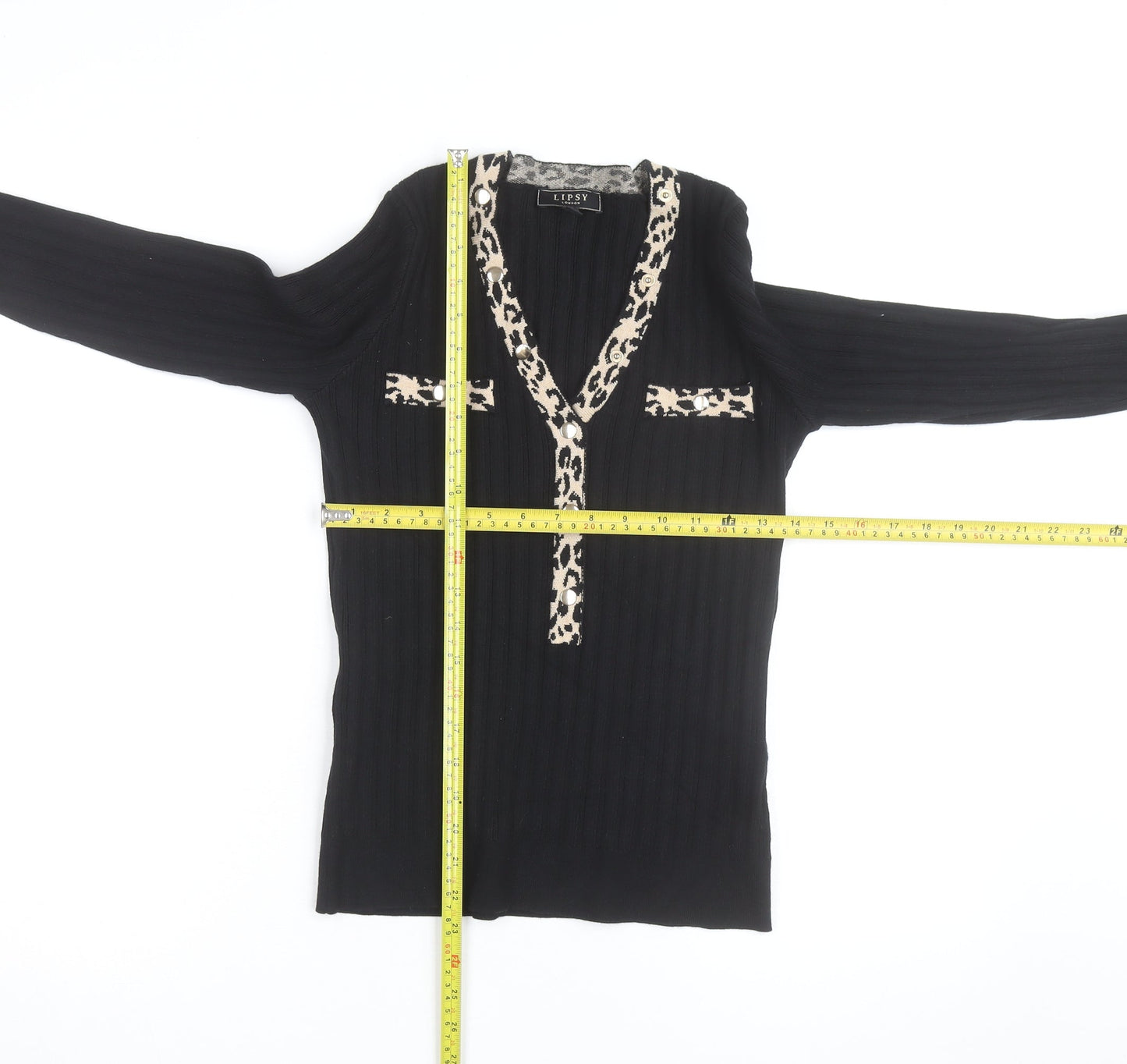Lipsy Women Black Leopard Trim V-Neck Rib Knit Jumper Size 12