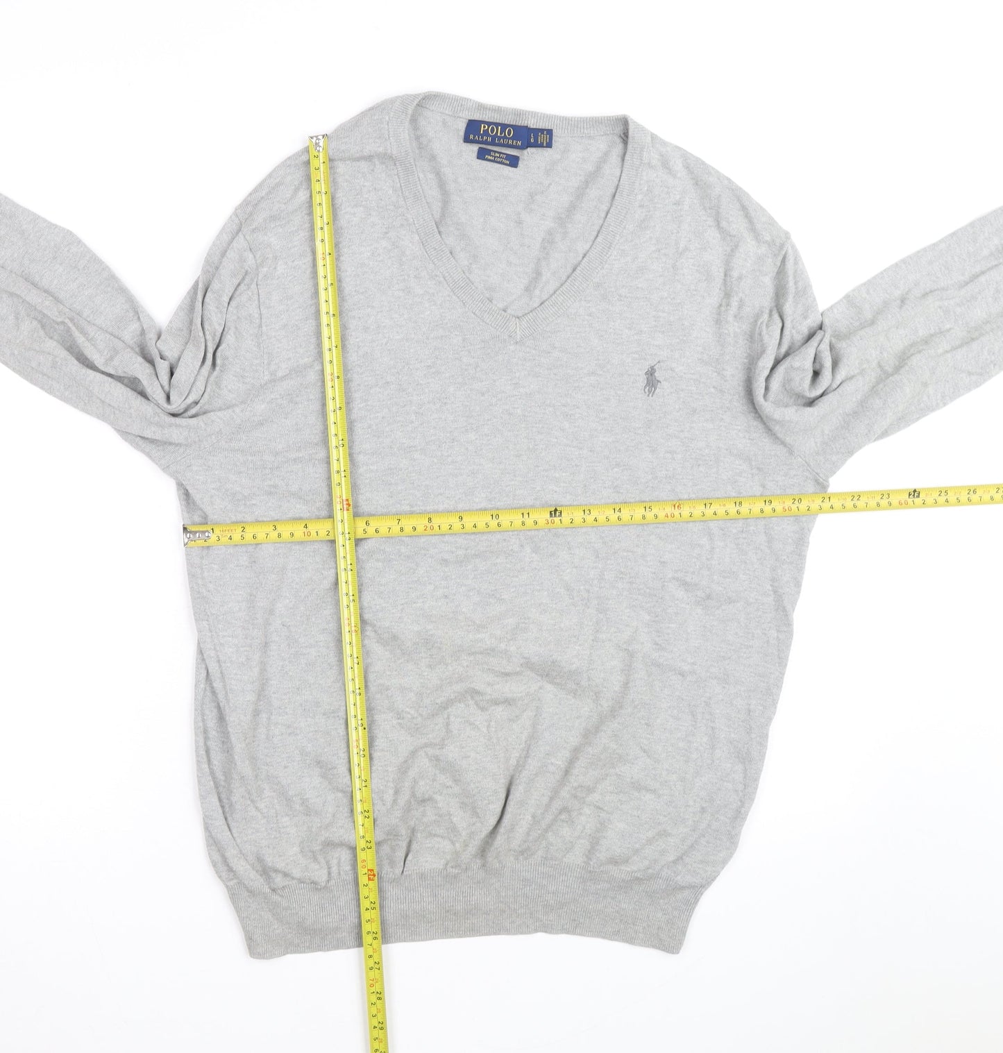 Ralph Lauren Men's Grey Slim Fit V-Neck Cotton Jumper - L