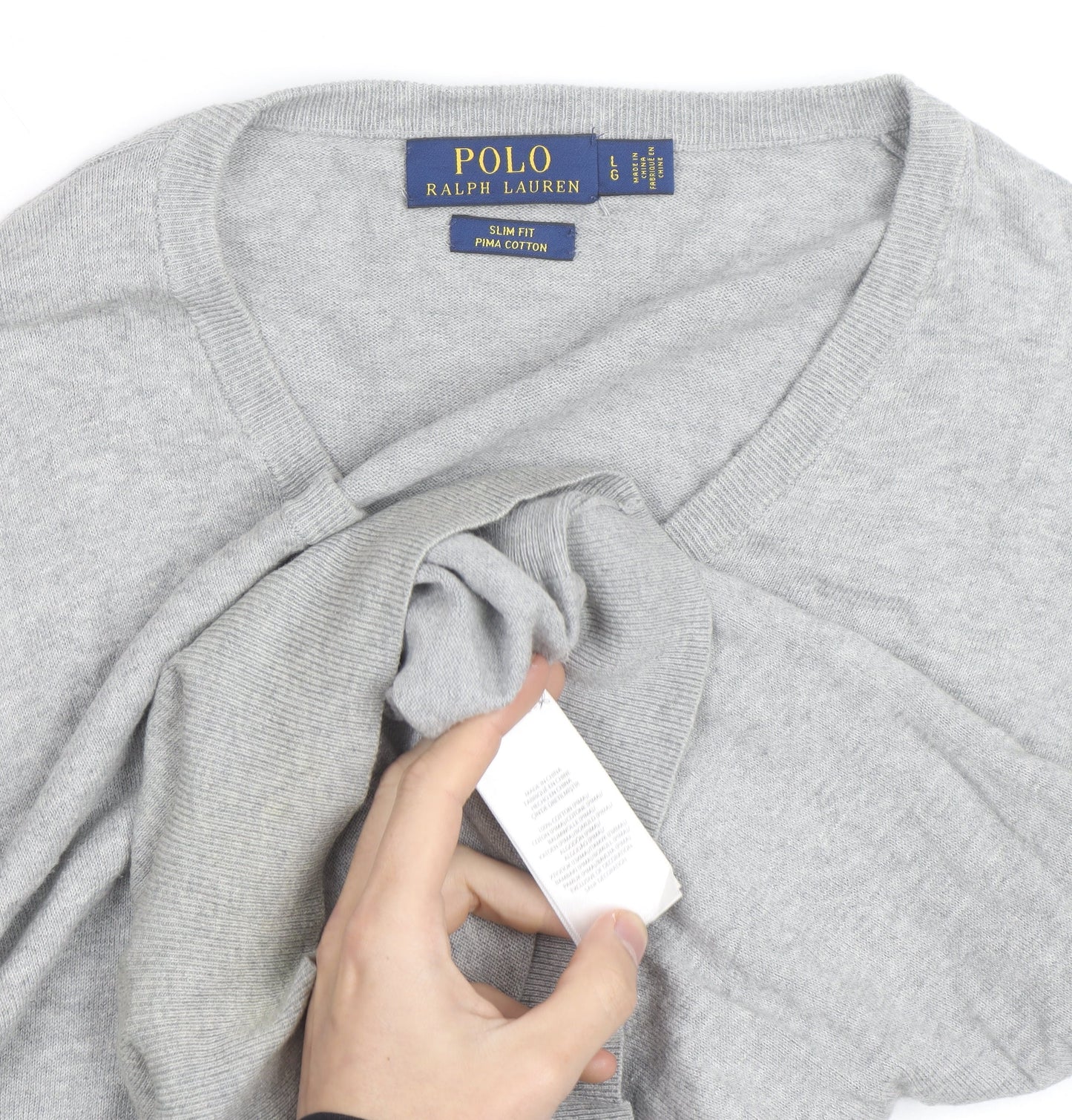 Ralph Lauren Men's Grey Slim Fit V-Neck Cotton Jumper - L