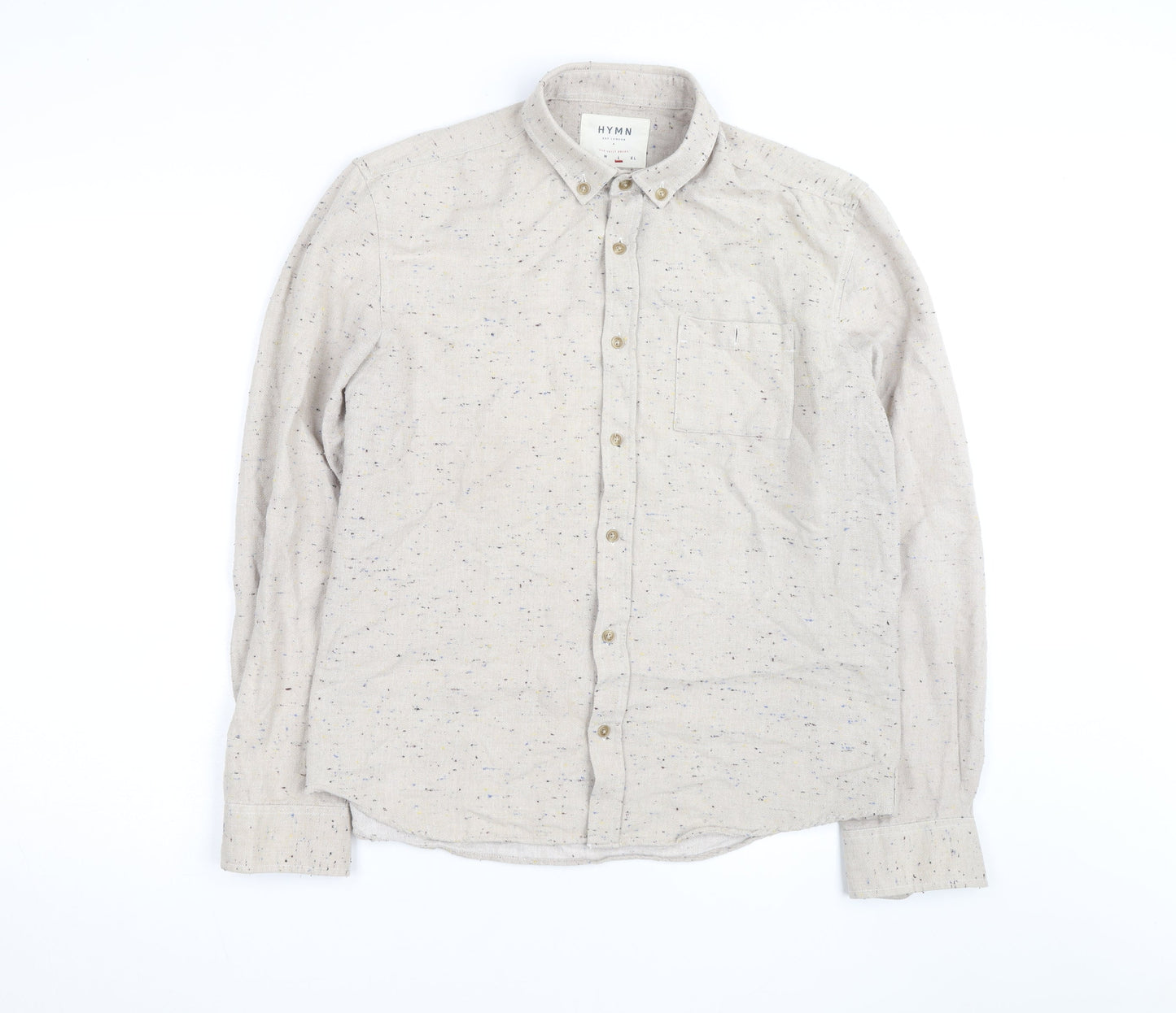 Hymn London Men's Beige Speckled Button-Up Casual Shirt Size L