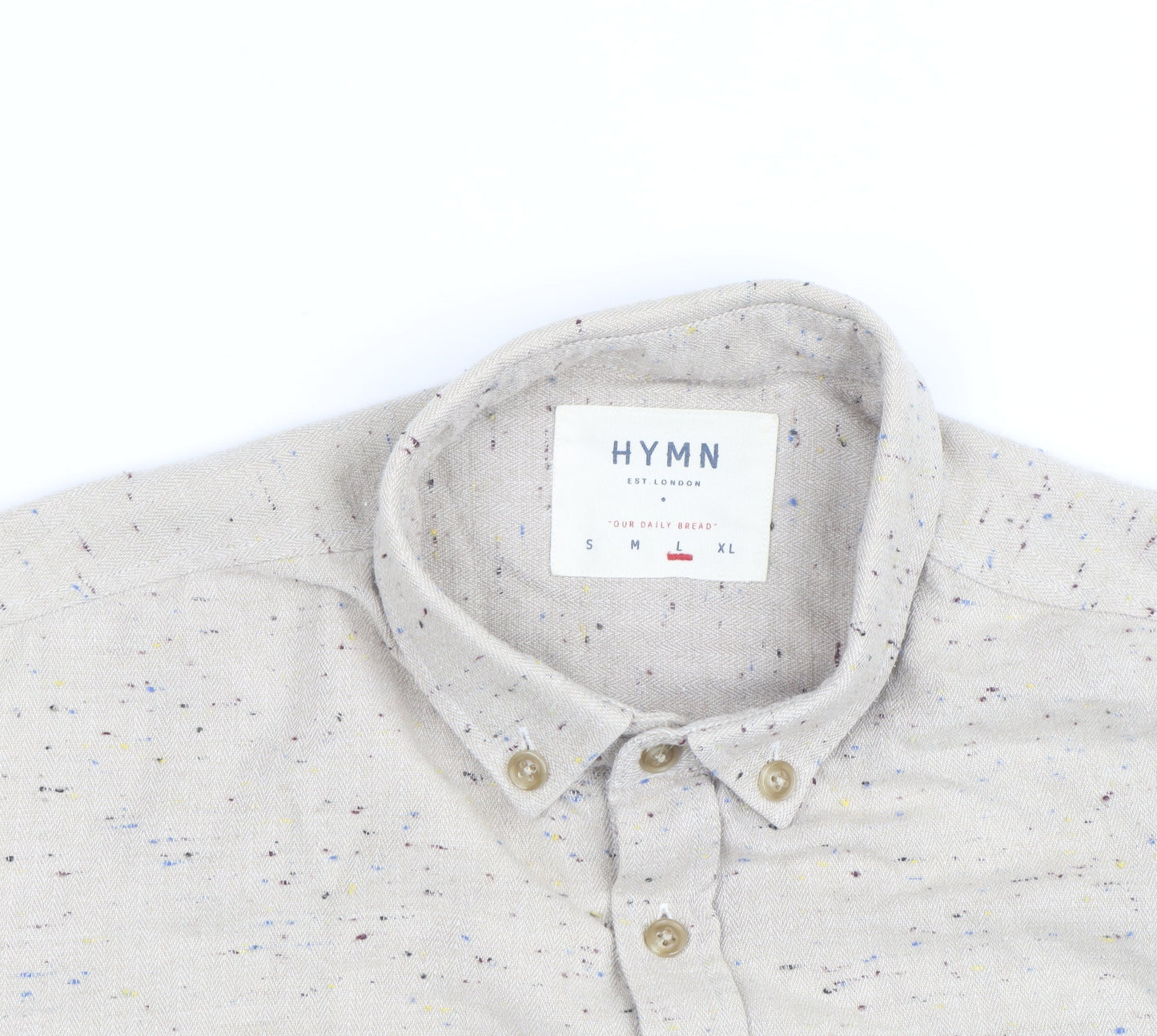 Hymn London Men's Beige Speckled Button-Up Casual Shirt Size L