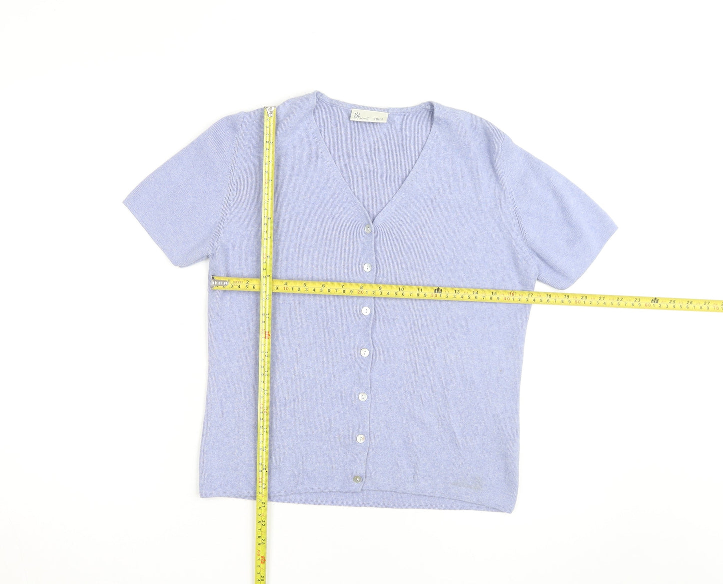 BHS Women’s Blue Cotton V-Neck Short Sleeve Button Cardigan Size 10/12