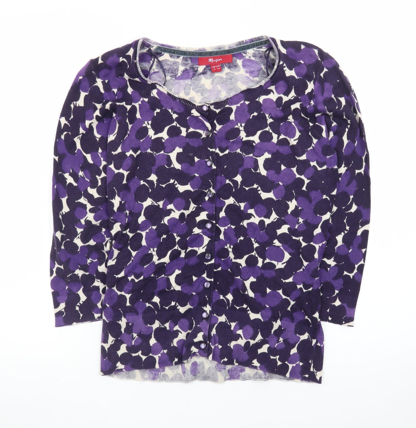 Monsoon Women’s Purple Floral Cardigan Size 12 Knit 3/4 Sleeve Belted