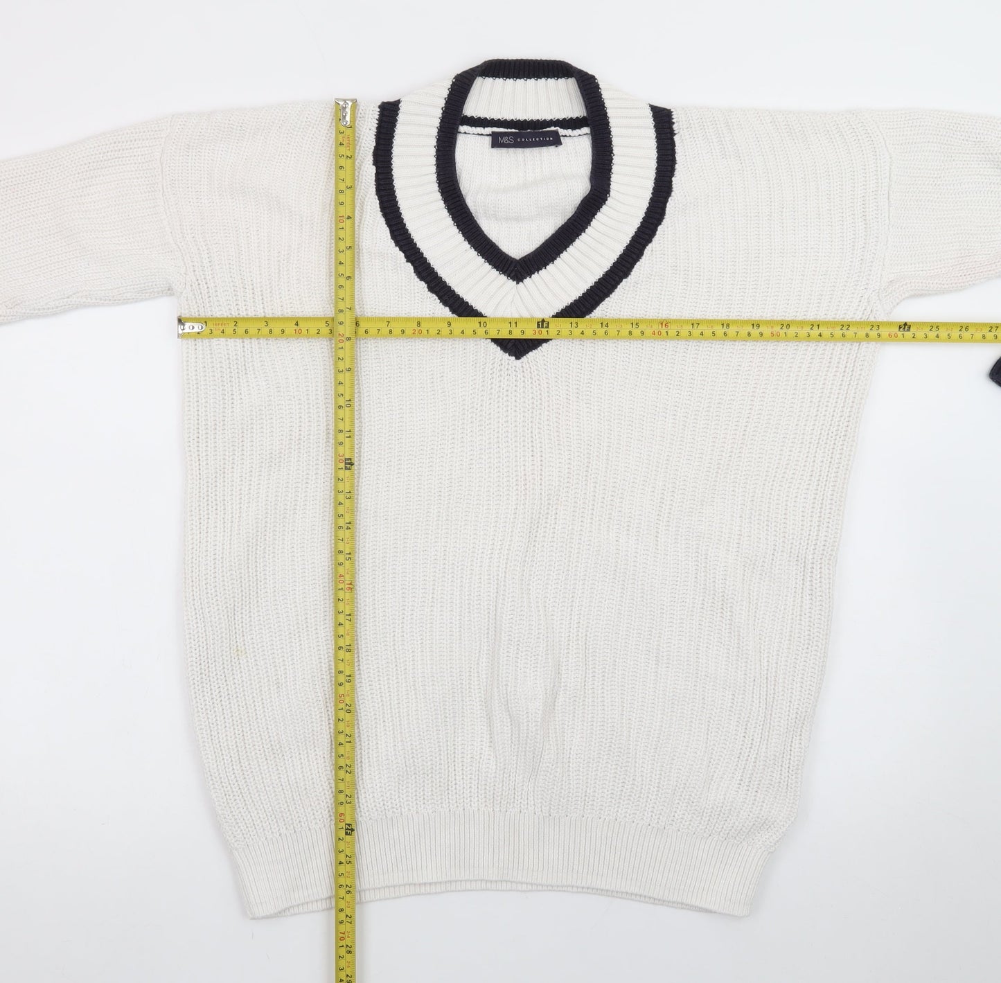 Marks and Spencer Men's White V-Neck Cotton Cricket Jumper M
