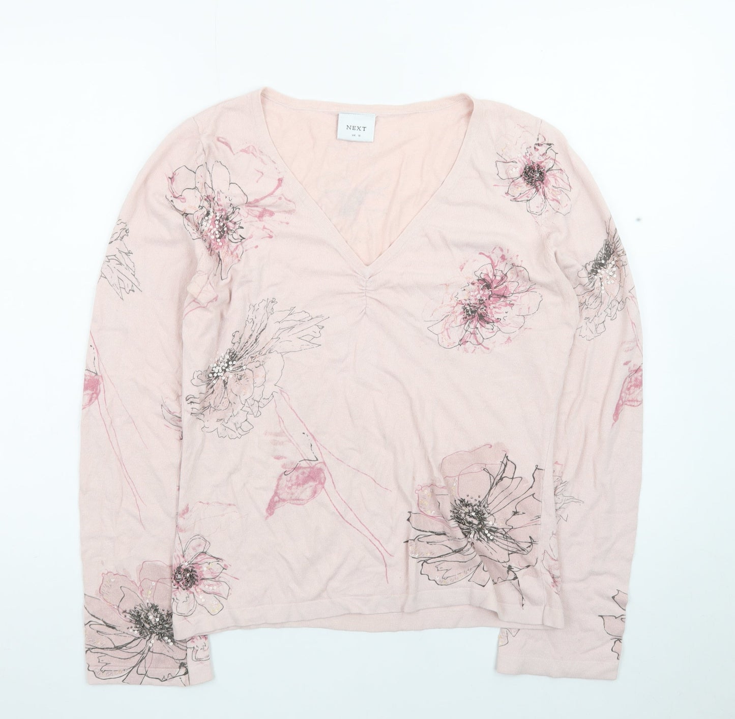 Next Women's Pink Floral V-Neck Long Sleeve Cotton T-Shirt UK 14