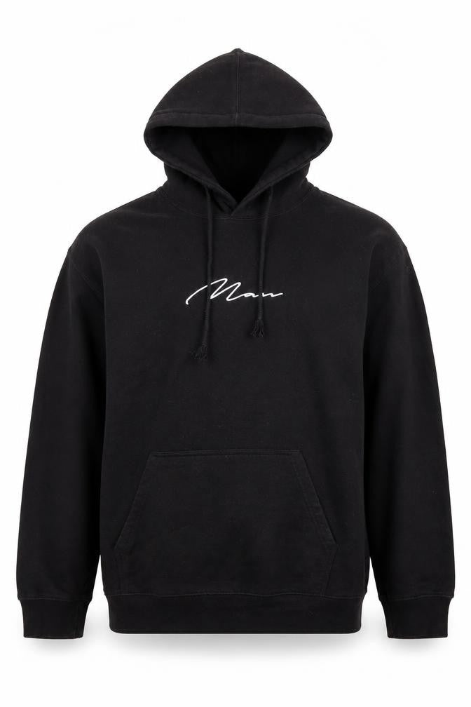 Front view of boohooMAN Men's Black Pullover Hoodie L Regular Fit Graphic Logo