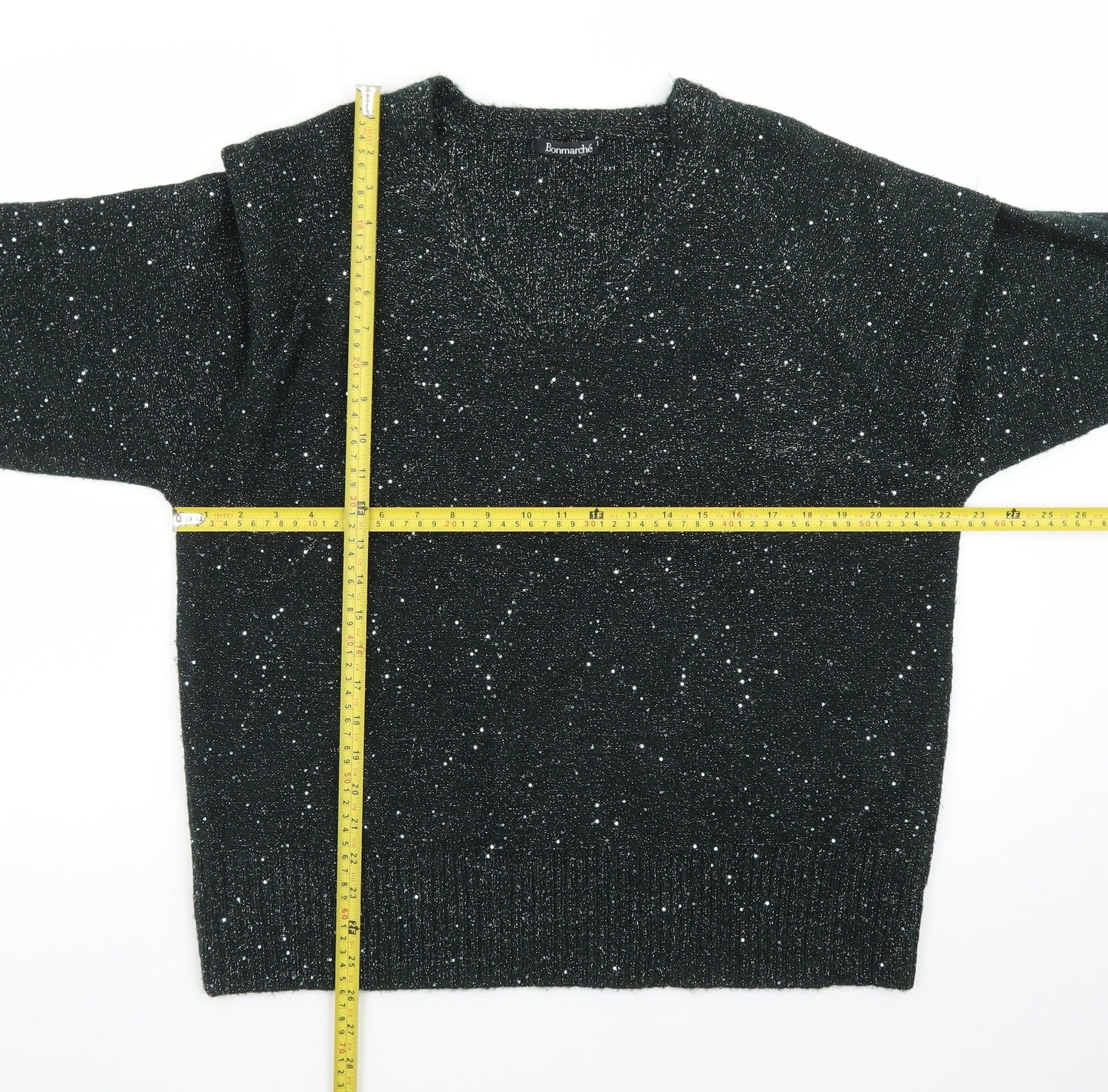 Bonmarché Women Black Glitter V-Neck Long Sleeve Pullover Jumper Size 18