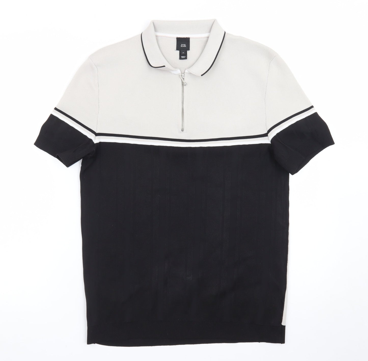 River Island Men's Beige Black Colourblock 1/4 Zip Polo Shirt Size M