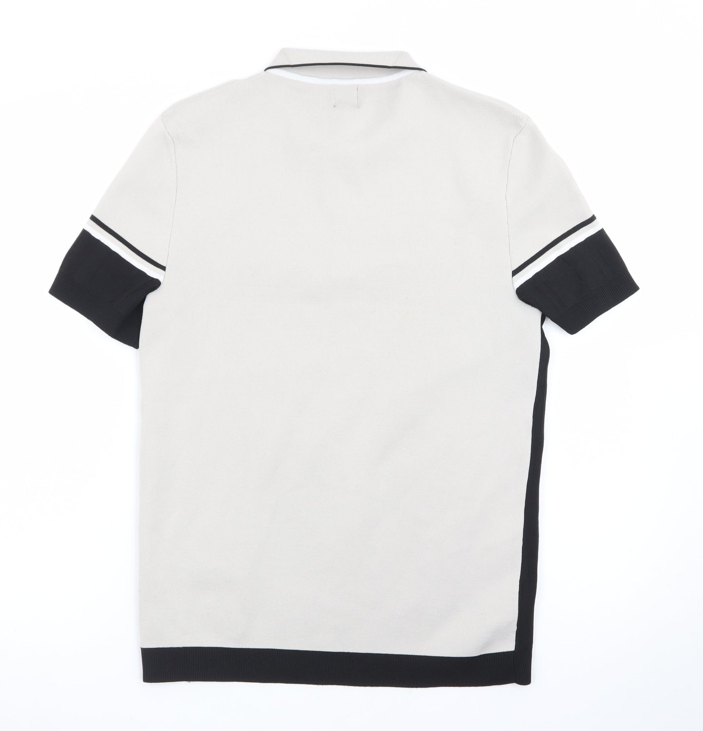 River Island Men's Beige Black Colourblock 1/4 Zip Polo Shirt Size M