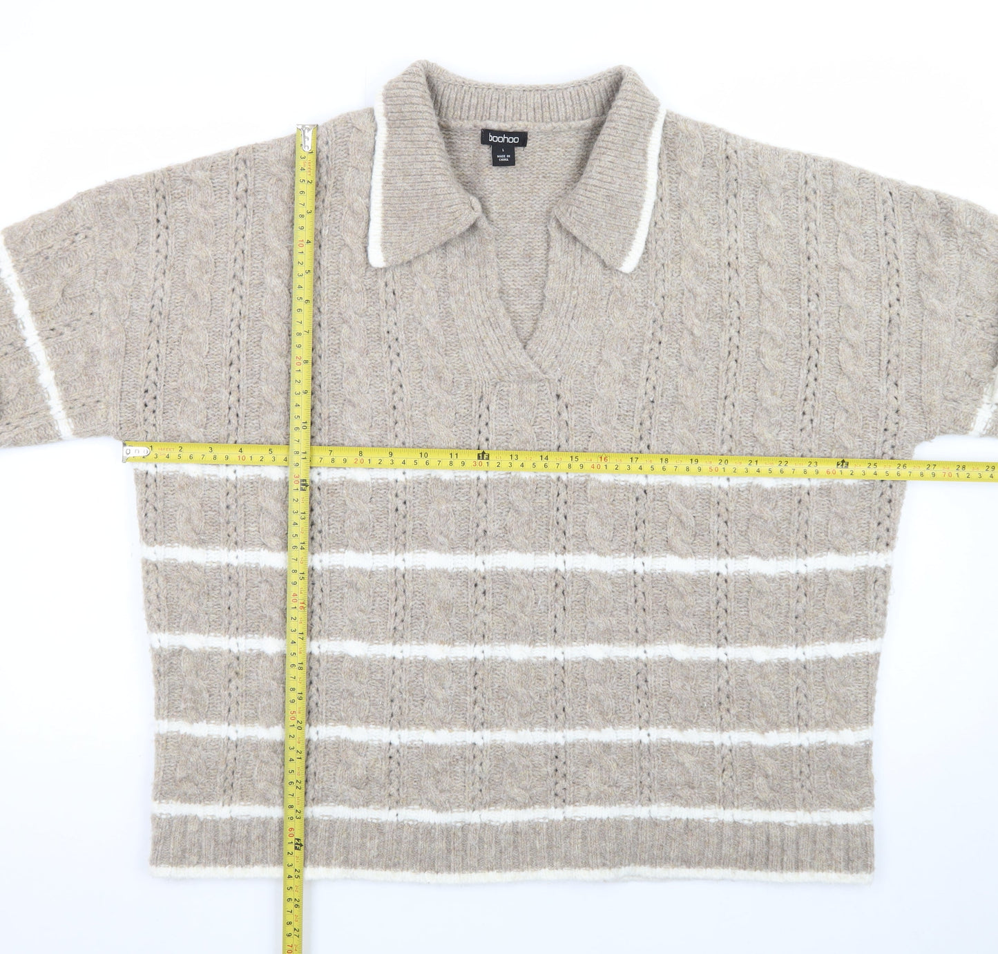 Boohoo Womens Beige Cable Knit Collared Pullover Jumper Size L