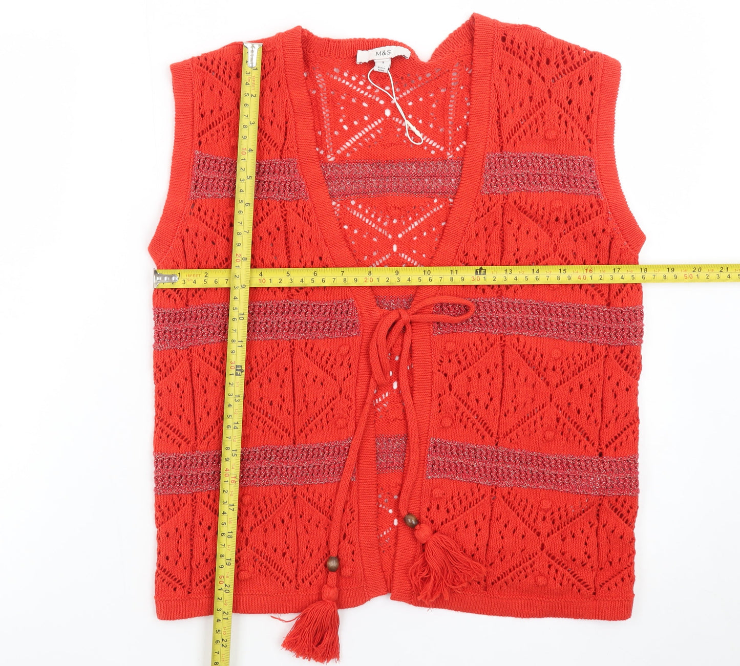 Marks and Spencer Women's Red Knit Sleeveless Tassel Vest S