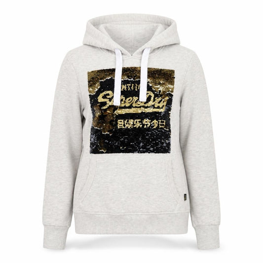 Superdry Womens Grey Sequin Hoodie UK 16 Pullover Hooded Sweatshirt