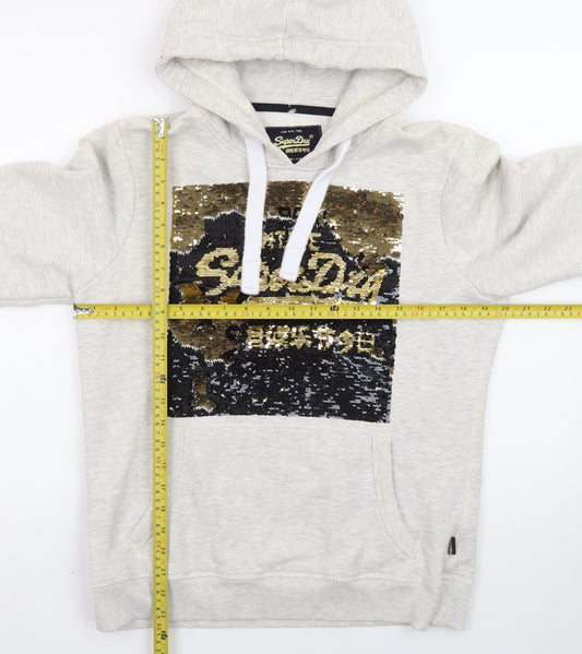 Superdry Womens Grey Sequin Hoodie UK 16 Pullover Hooded Sweatshirt