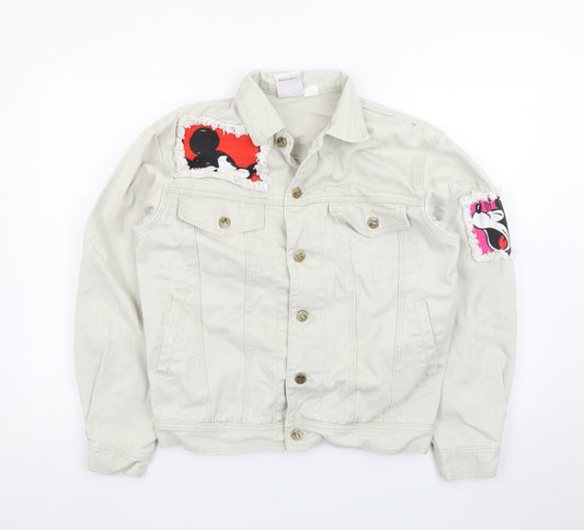 Front view of Mickey & Co. Women's Beige Cotton Cartoon Denim Jacket S Retro