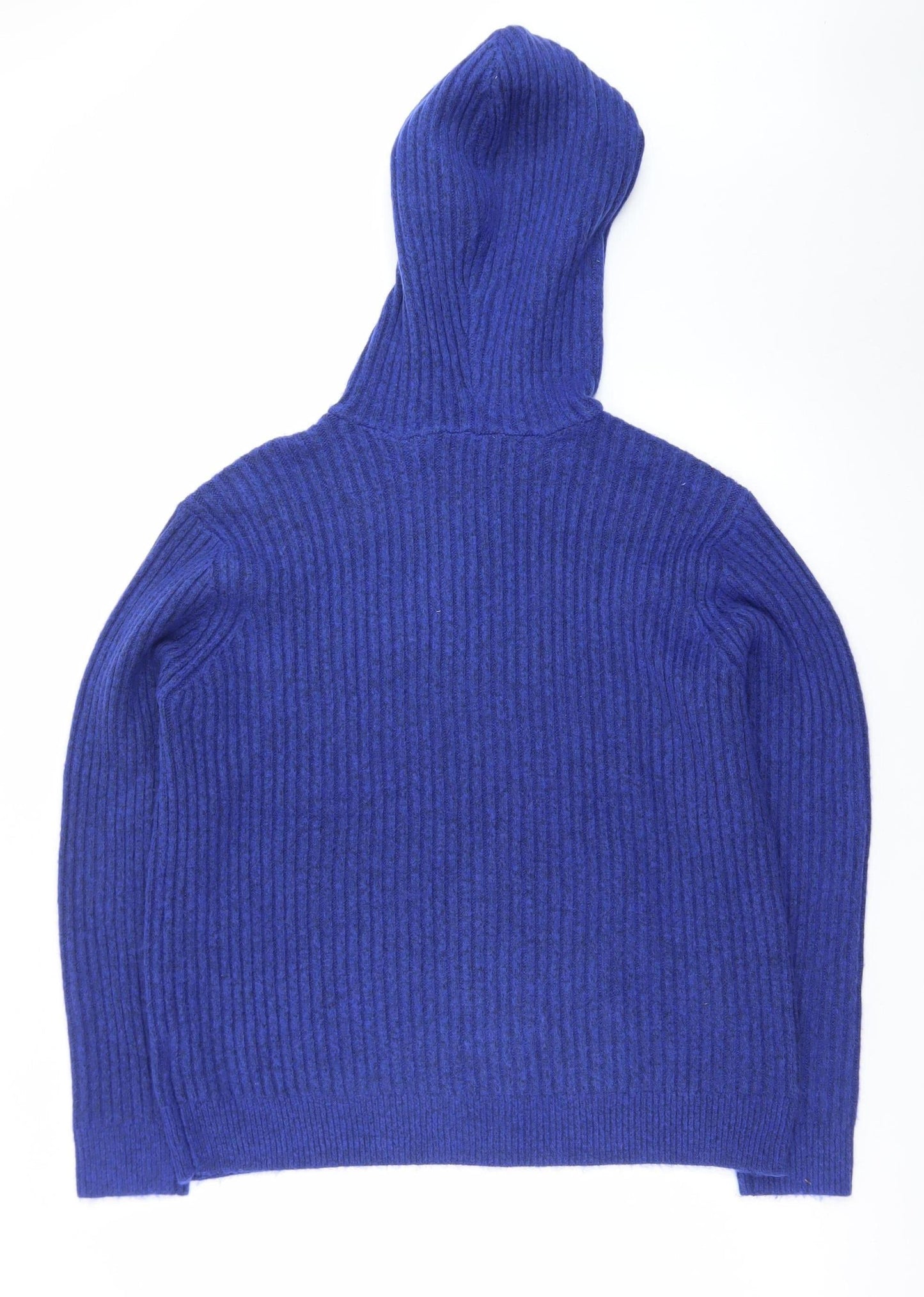 Marks and Spencer Women's Blue Hooded V-Neck Ribbed Knit Jumper Size L