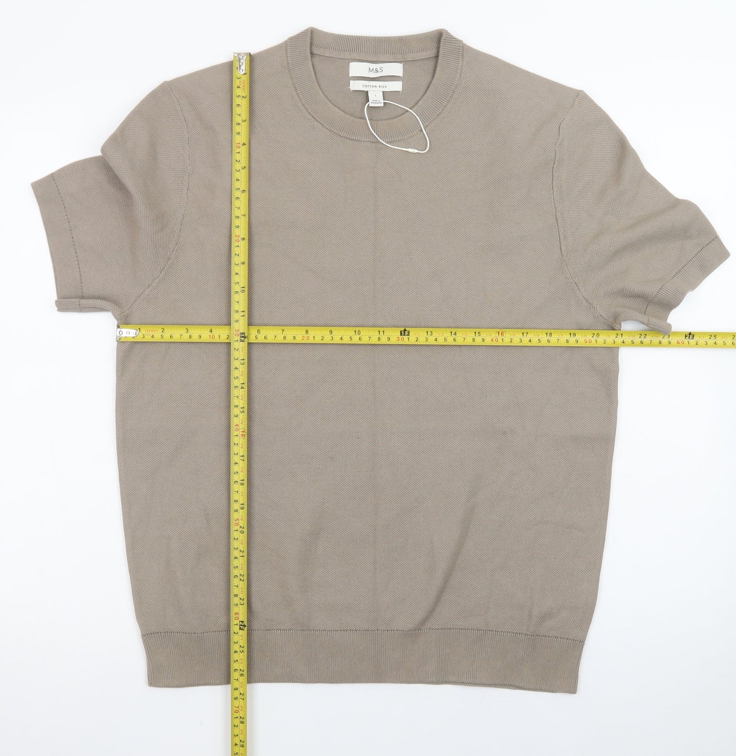 Marks and Spencer Men's Beige Cotton Rich Crew Neck Short Sleeve T-Shirt Size L