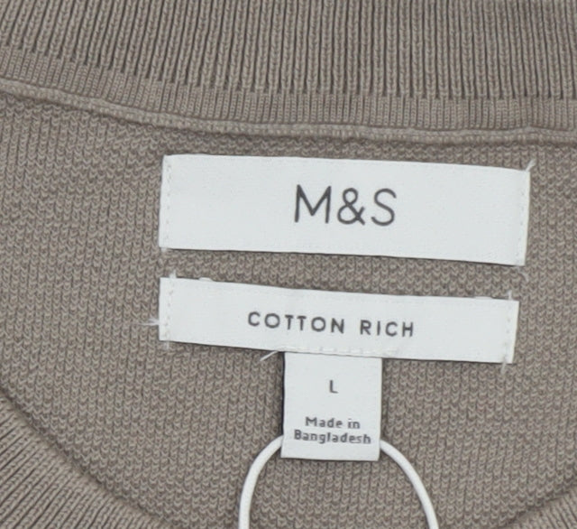 Marks and Spencer Men's Beige Cotton Rich Crew Neck Short Sleeve T-Shirt Size L