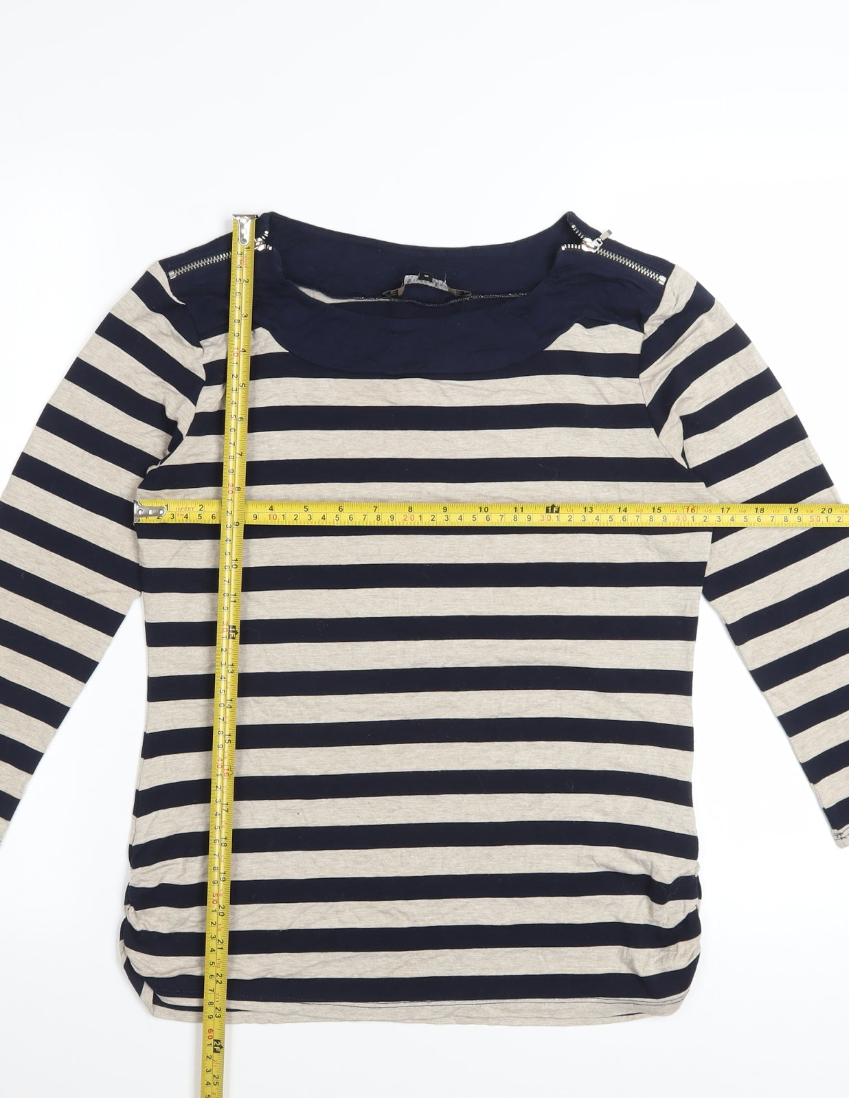 Principles by Ben de Lisi Women's Blue Beige Striped 3/4 Sleeve Boat Neck Top Size 10