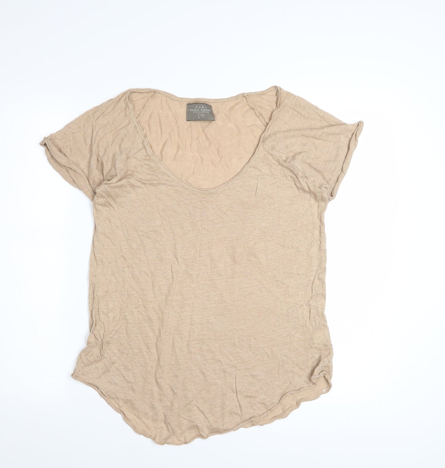 Zara Women’s Beige Linen Basic T-Shirt Size L Short Sleeve Casual Top