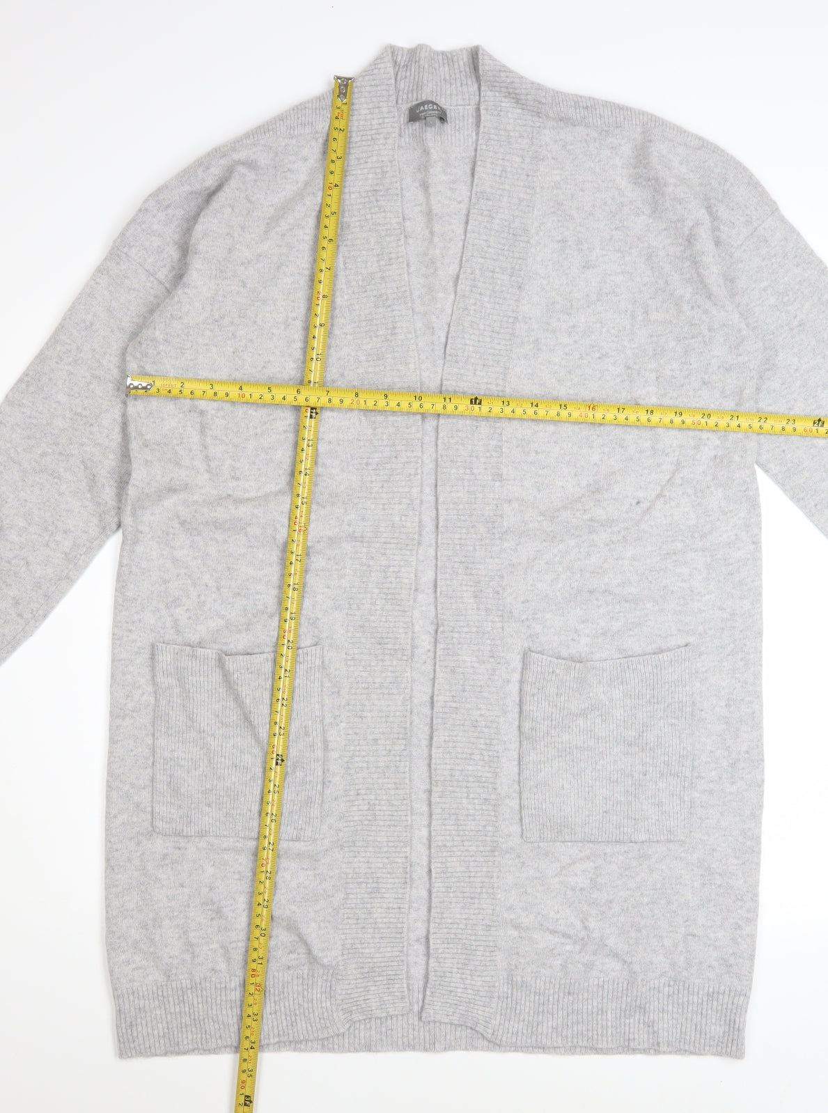 Jaeger Women Grey Wool Cashmere Long Cardigan L Open Front Pockets