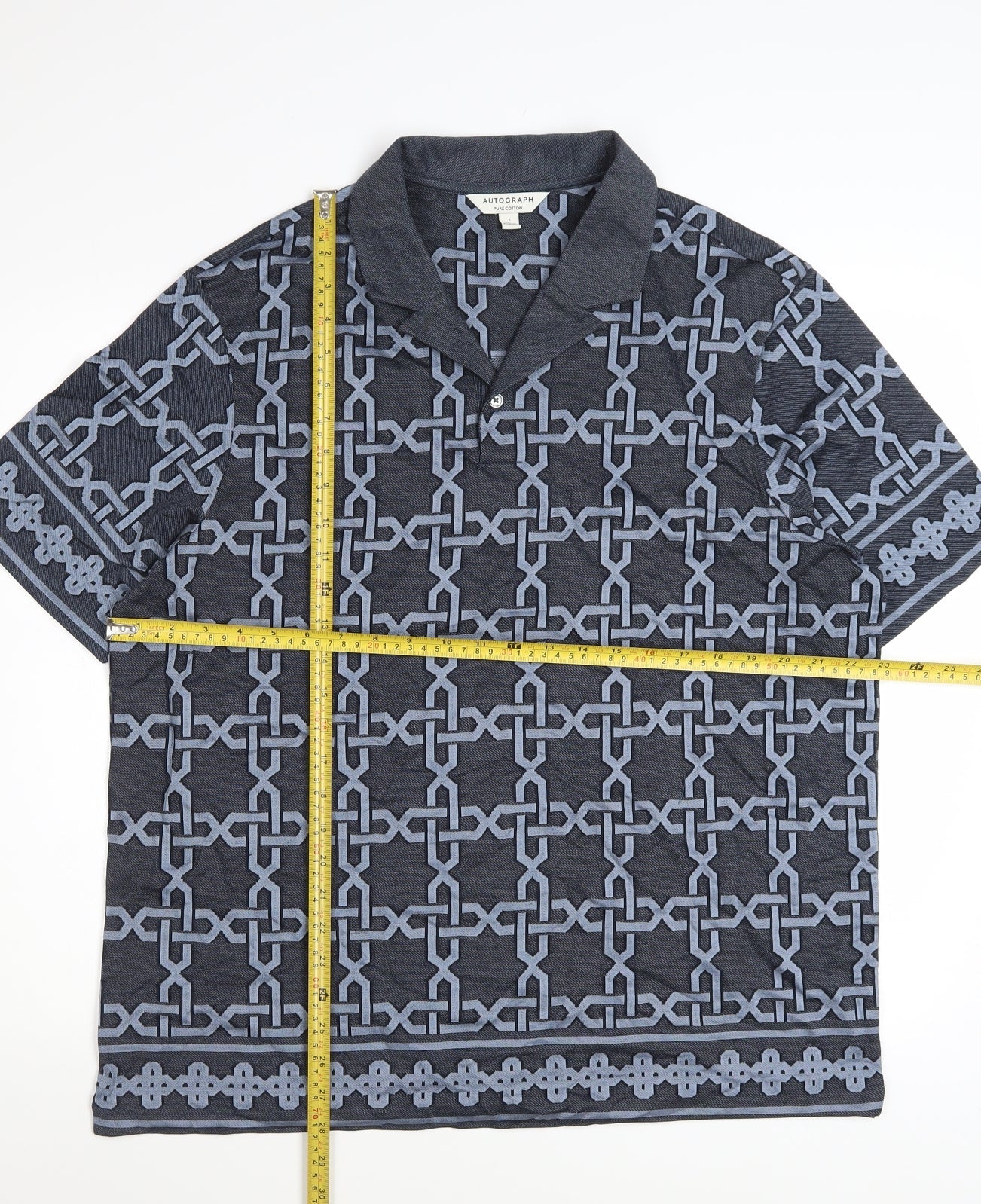 Marks and Spencer Autograph Men's Blue Geometric Cotton Polo Shirt Size L