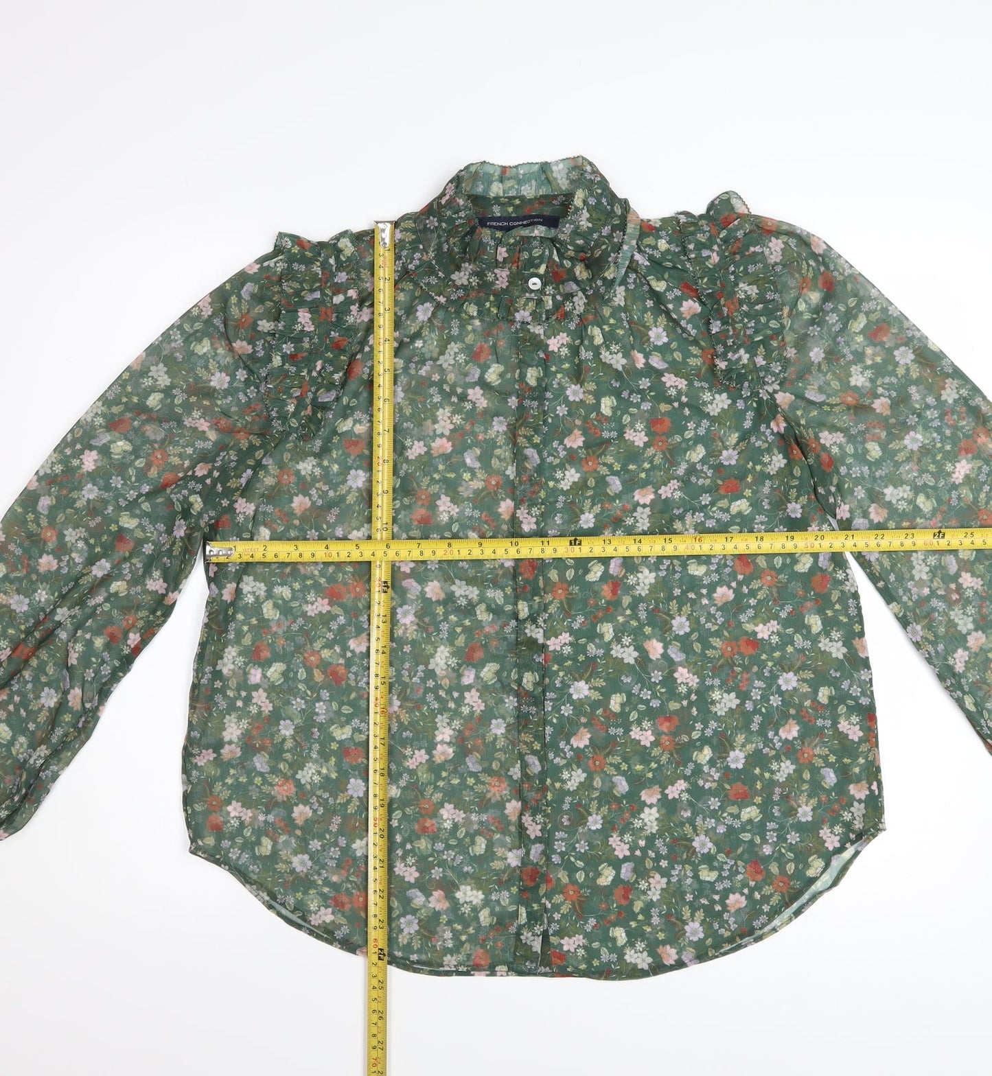 French Connection Women's Green Floral Ruffle Chiffon Blouse Size M