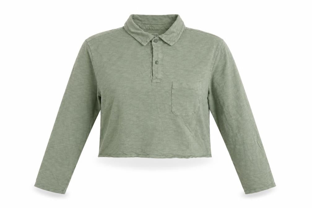 Gap Women Green Cropped Polo Shirt Long Sleeve Cotton M