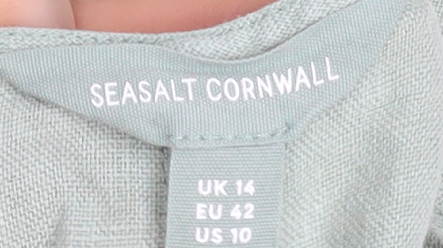 Seasalt Cornwall Womens Green Linen V-Neck A-Line Dress Size 14