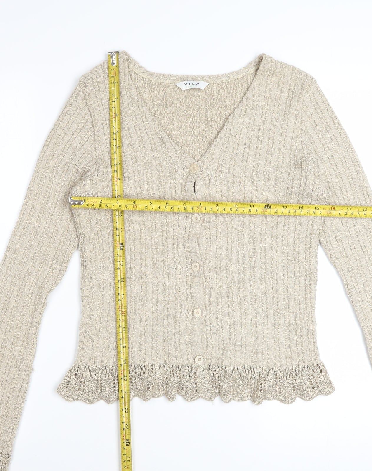 Vila Women Beige Ruffle V-Neck Knit Cardigan Size M