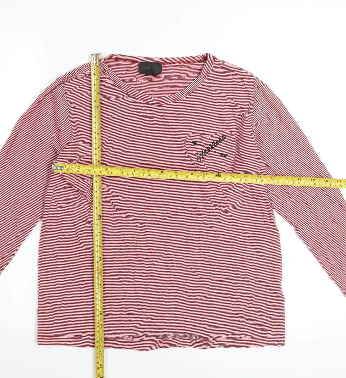 Topshop Women Red Striped Long Sleeve Cotton T-Shirt Size 10