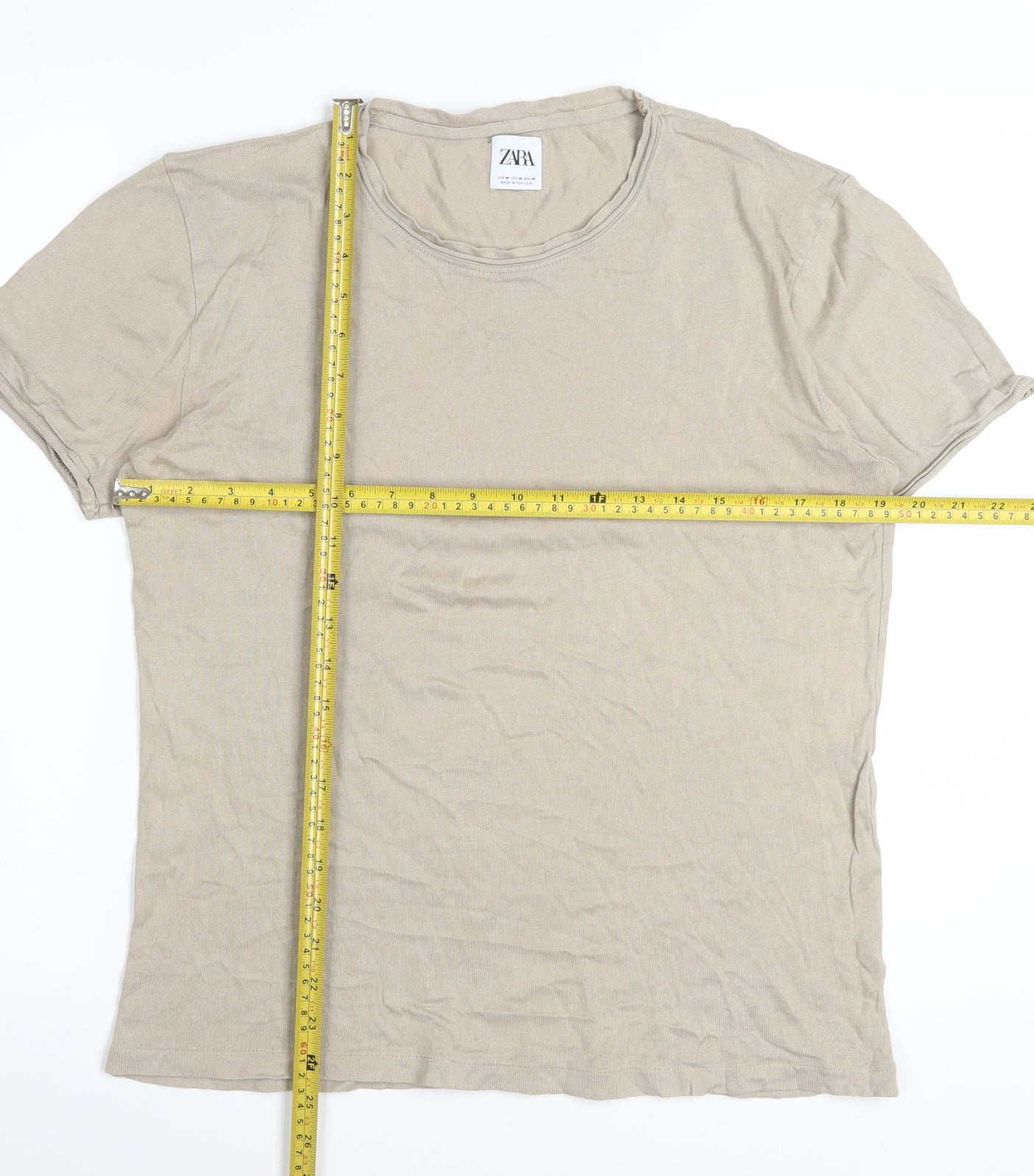ZARA Women Beige Cotton Basic Crew Neck T-Shirt Size 12