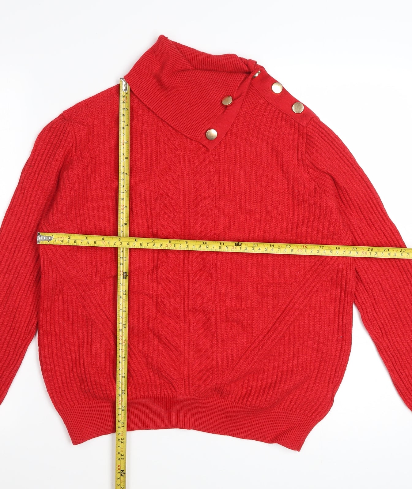 Marks and Spencer Women's Red High Neck Ribbed Button Jumper Size 12