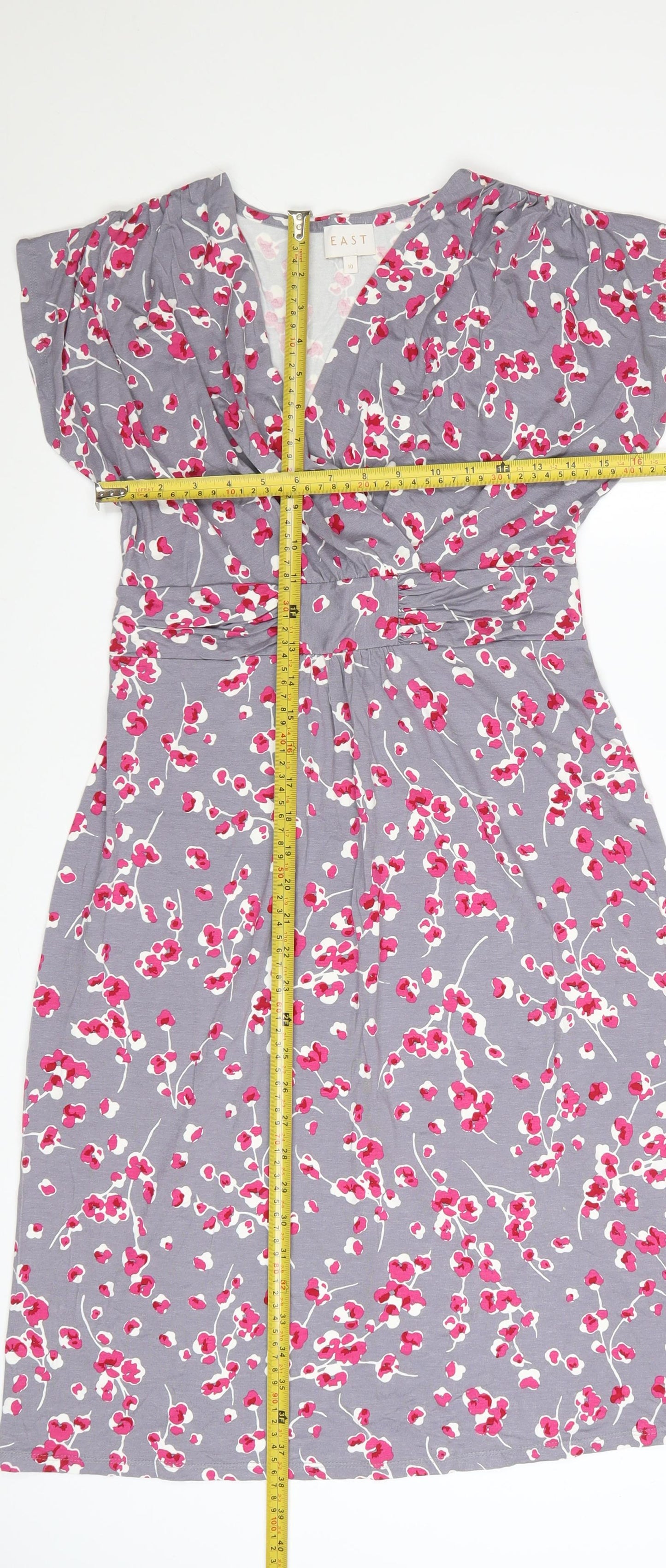 EAST Women Grey Floral Ruched V-Neck Knee Length Wrap Dress Size 10