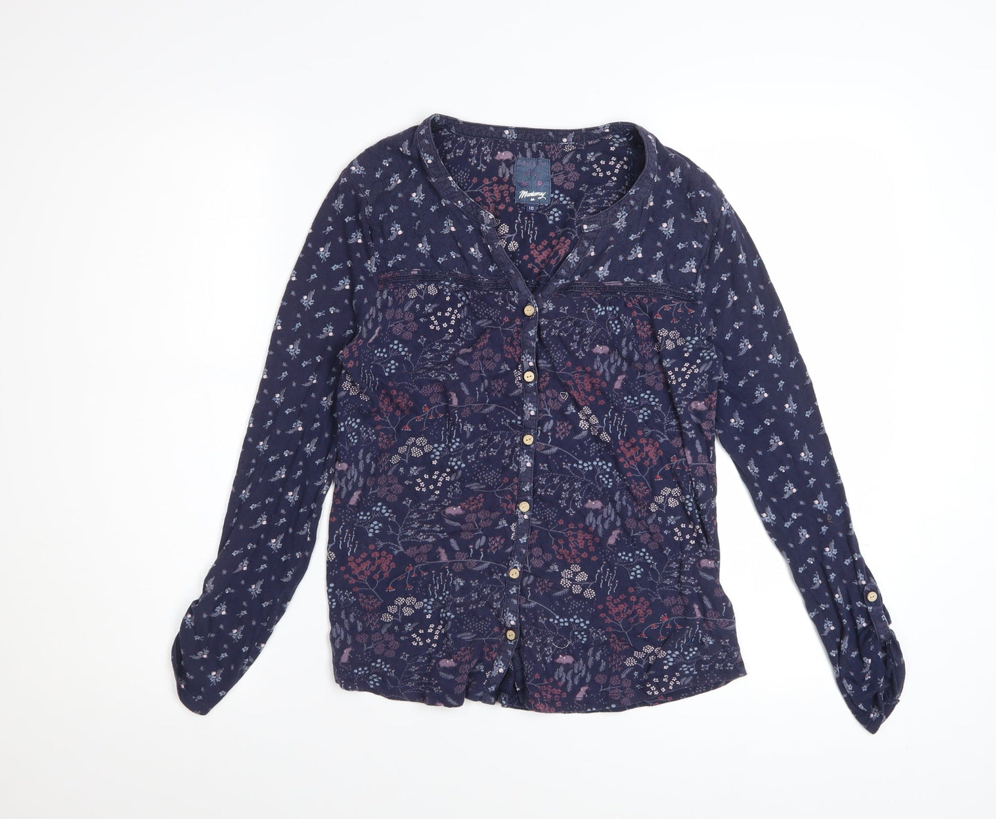 Mantaray Women’s Blue Floral Cotton Button-Up Tunic Top Size 10