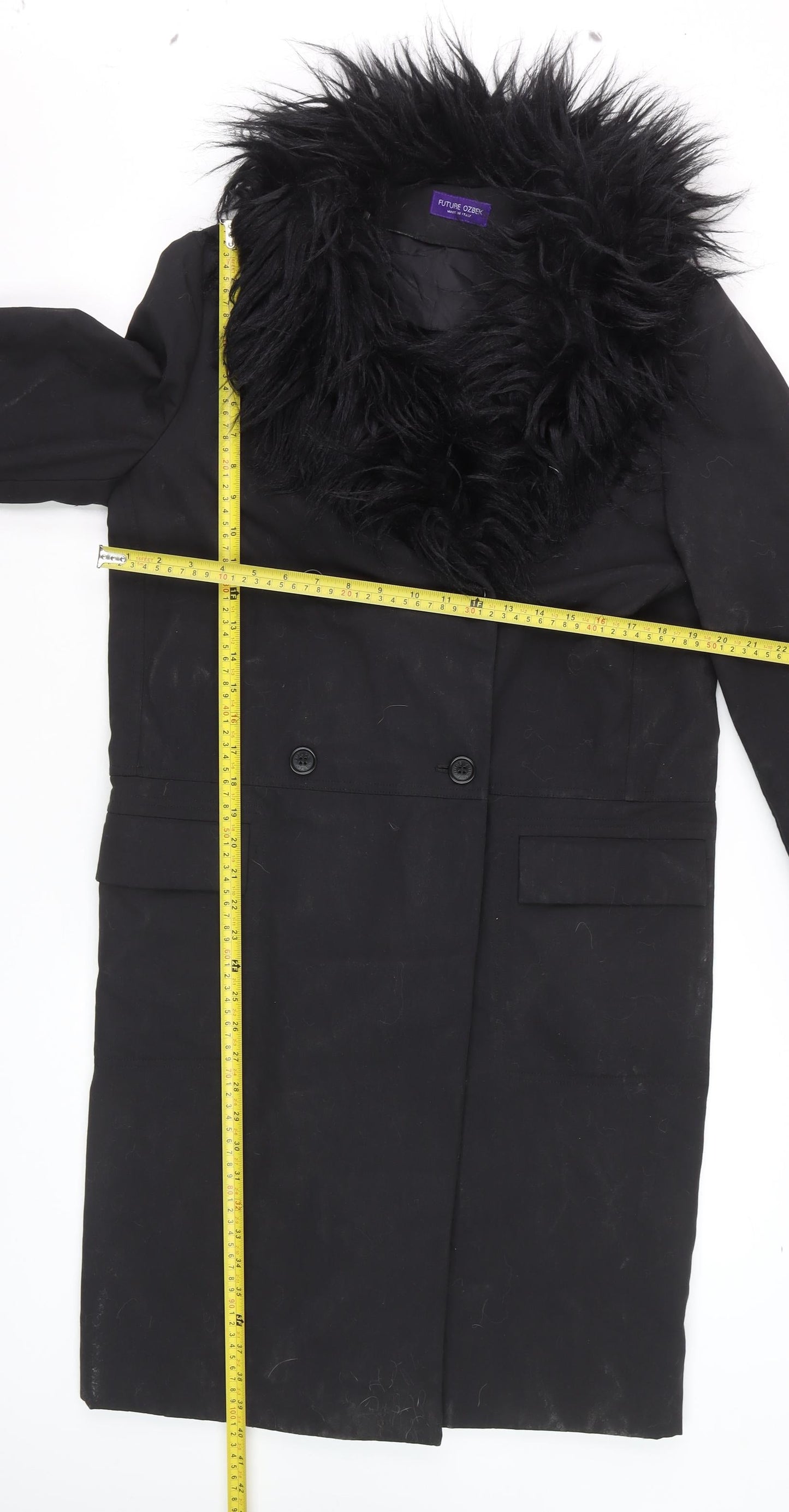 Future Ozbek Women's Black Long Wool Fur Trim Overcoat Size 10
